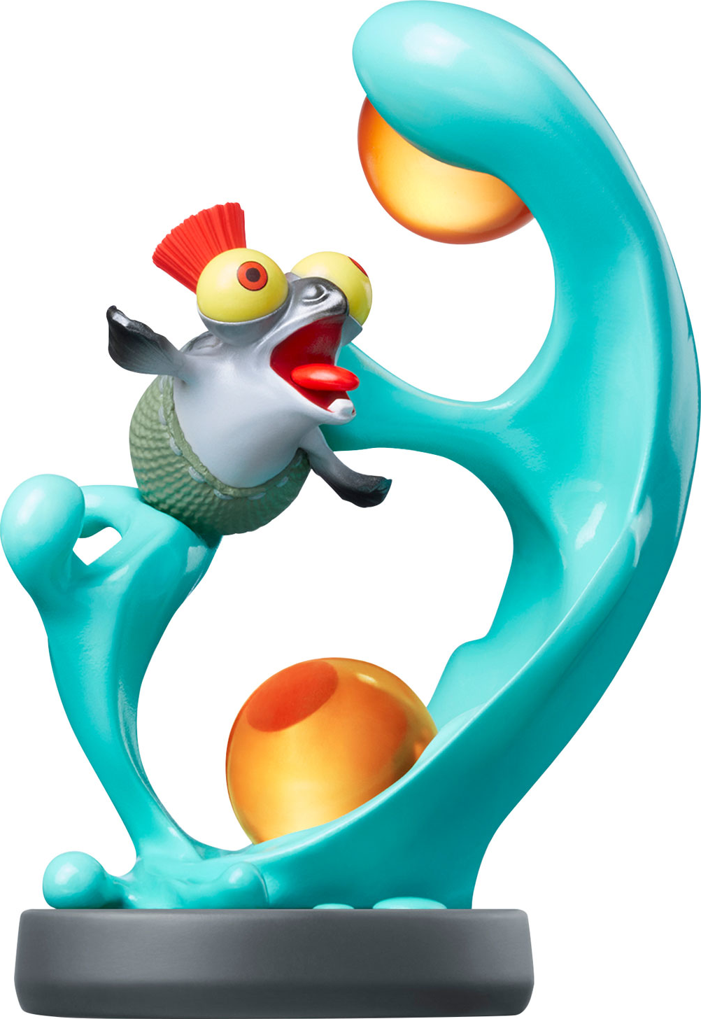 Eine cartoonartige Fischfigur auf einer türkisfarbenen Welle. Orangefarbene Kugeln sind vorhanden.