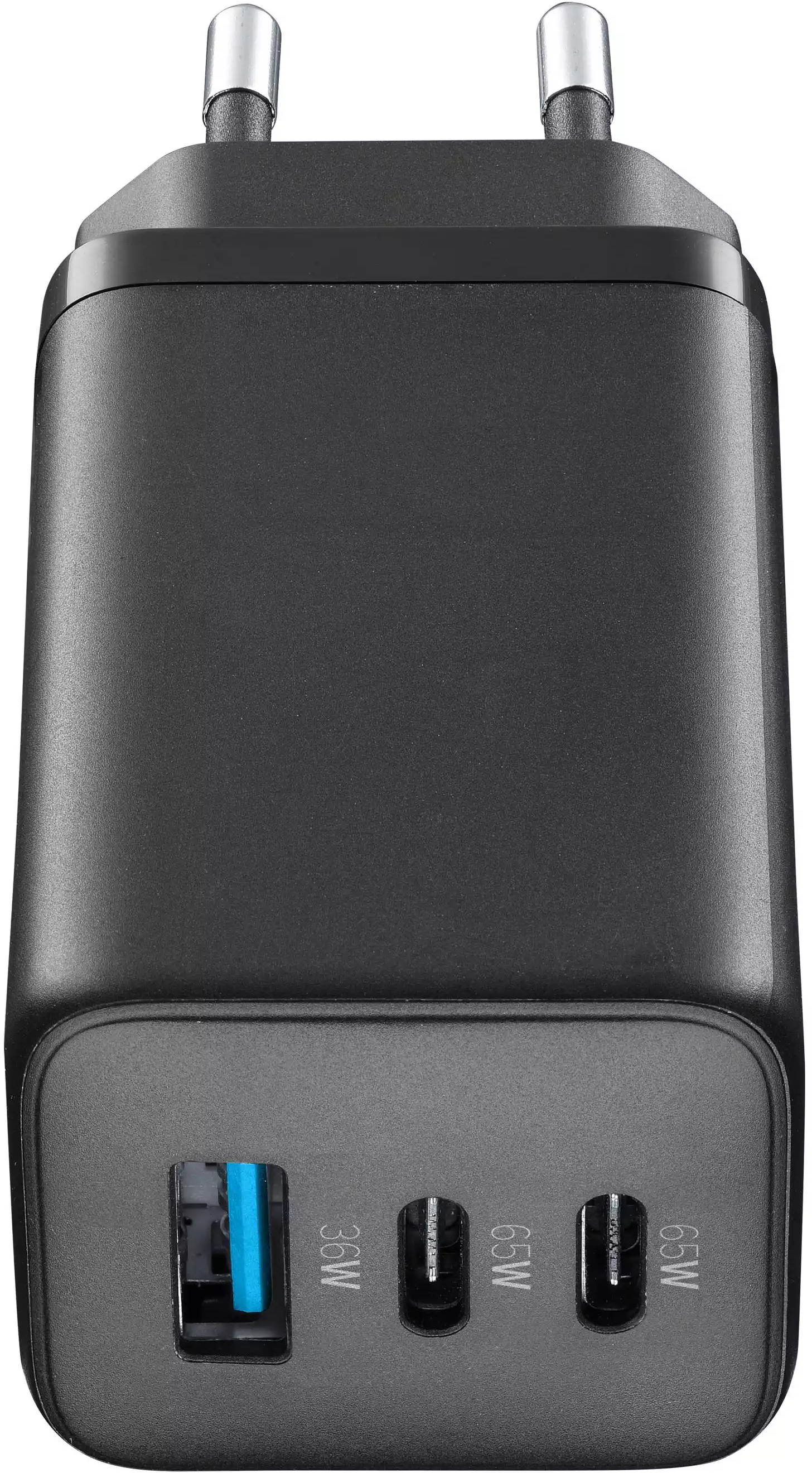 Schwarzes Ladegerät mit drei USB-Anschlüssen. Zwei sind USB-C, einer ist USB-A.