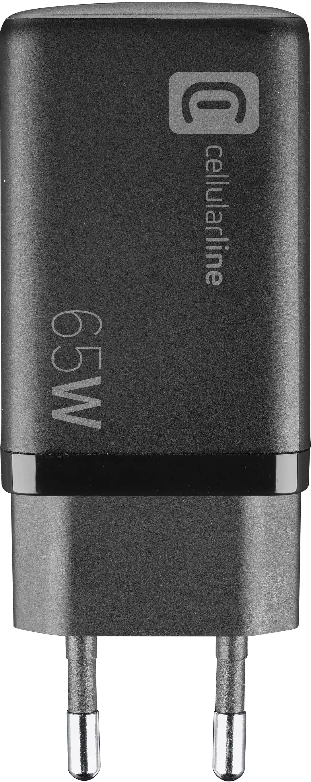 Schwarzes 65W Cellularline Ladegerät mit zwei Silberstiften vor weißem Hintergrund.