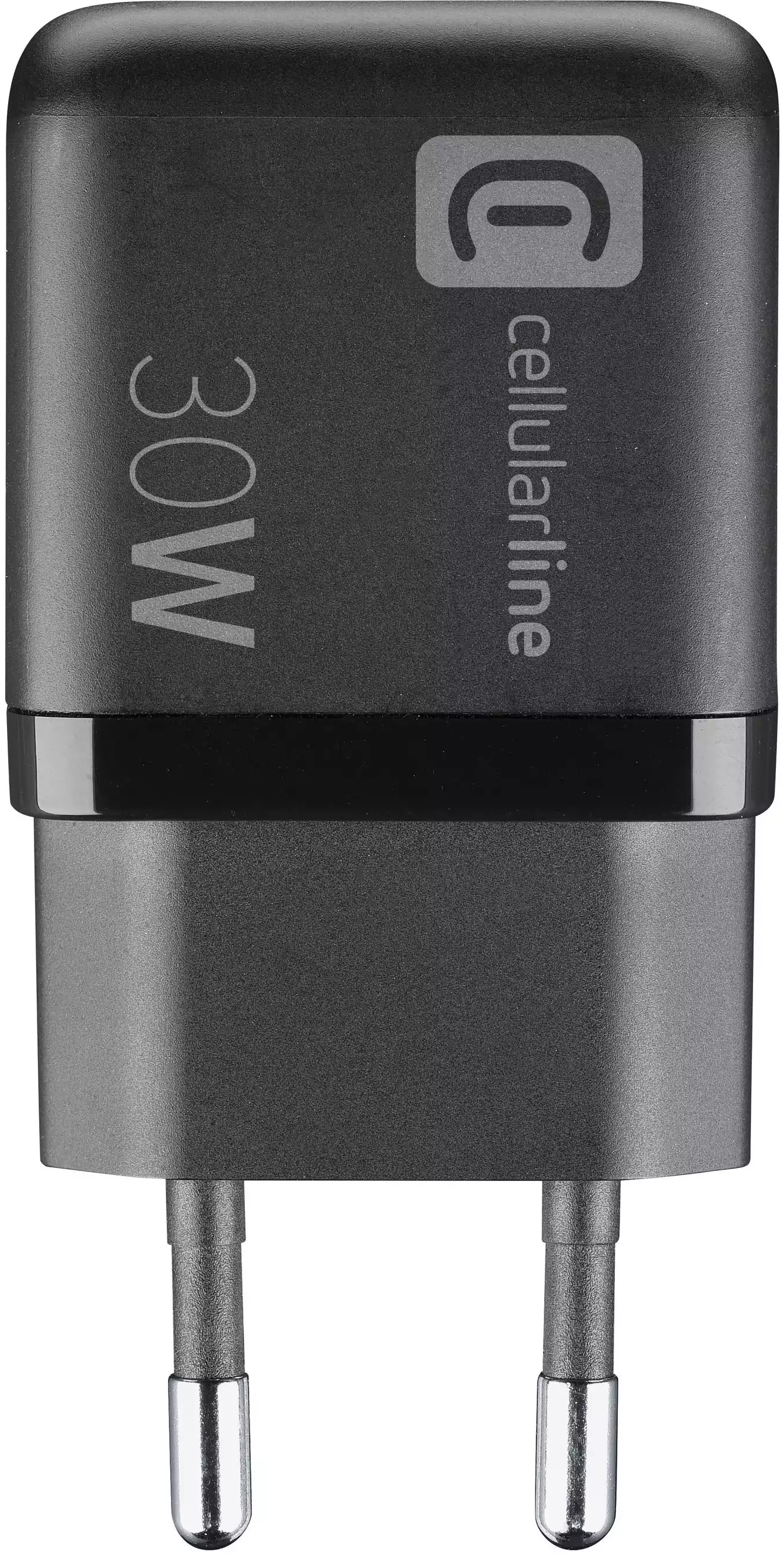 Schwarzes cellularline Ladegerät mit 30W Text, grauer Hintergrund.