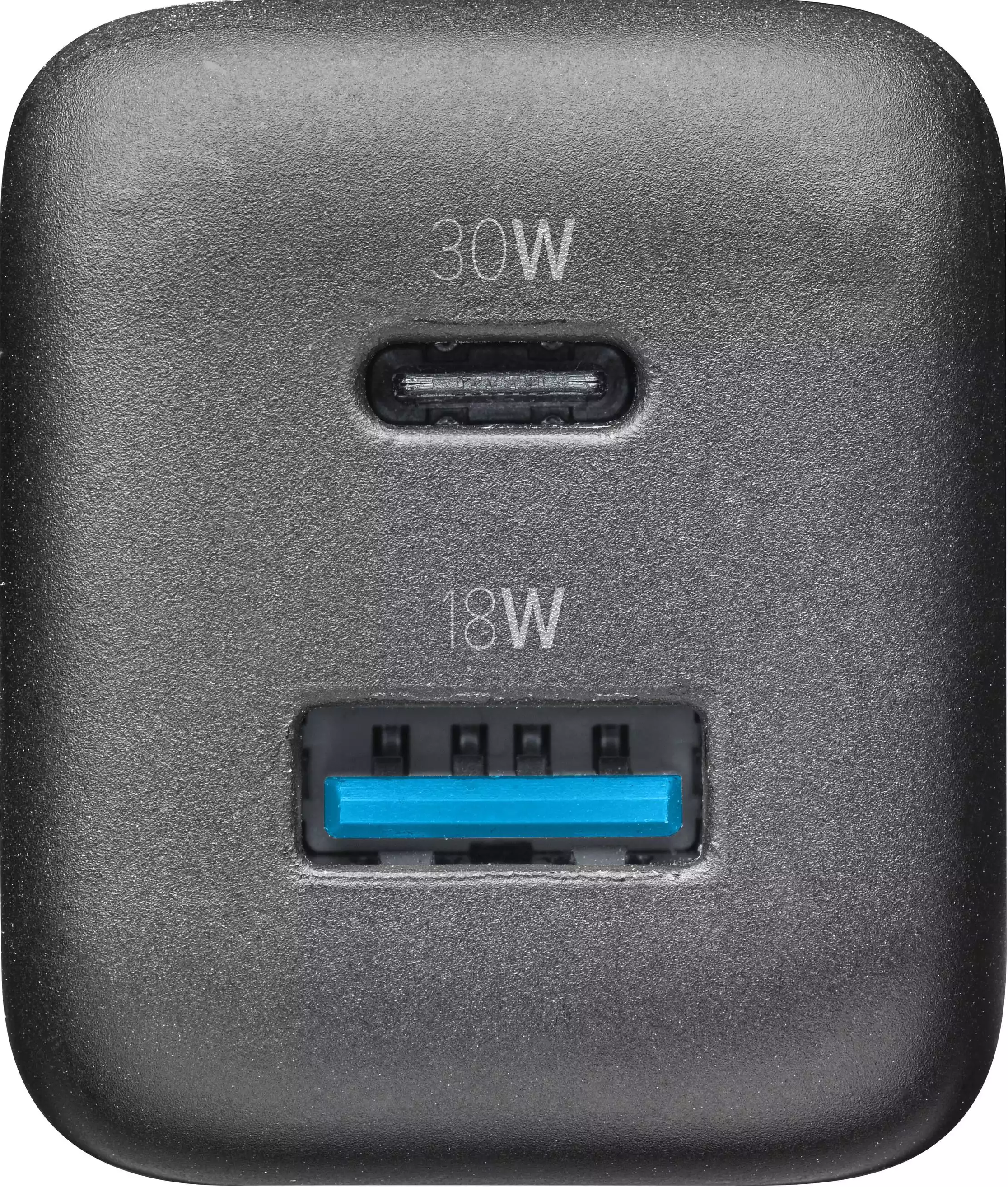 Nahaufnahme eines dunkelgrauen Ladegeräts mit 30W- und 18W-Anschlüssen.