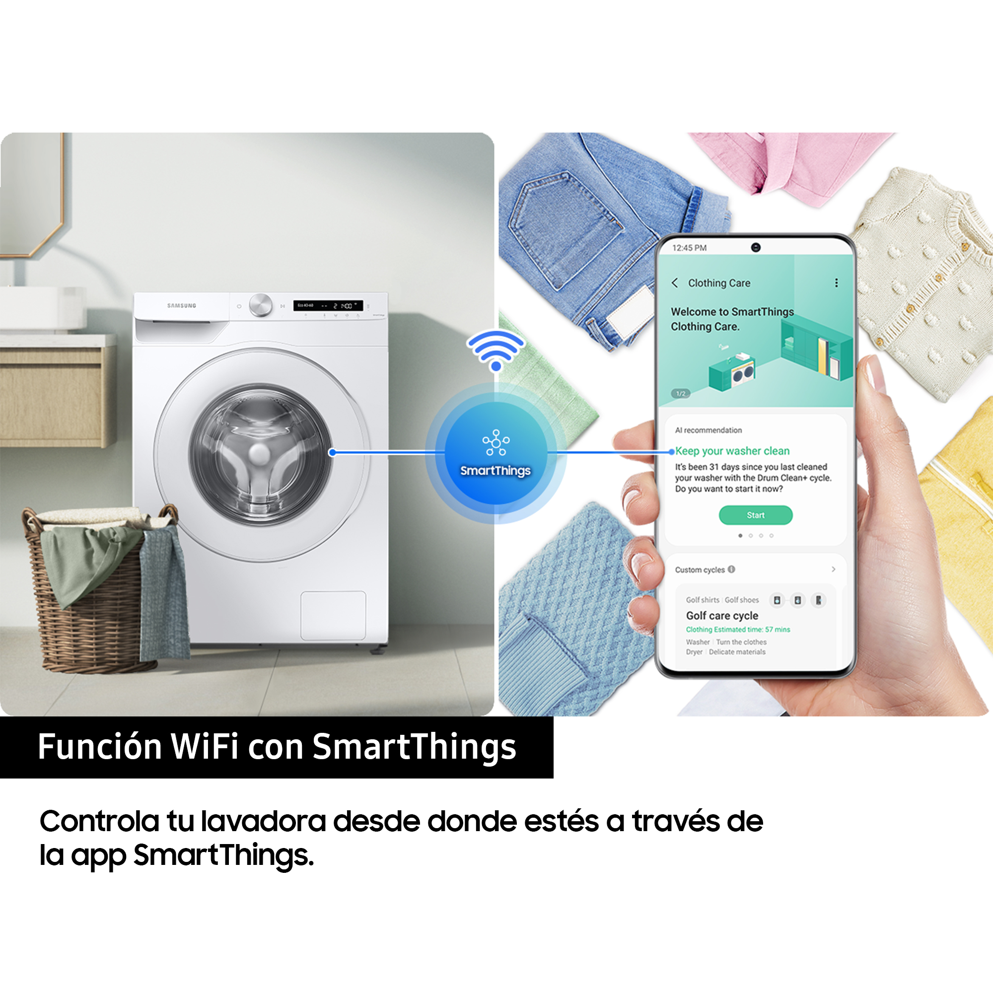 Una lavadora, teléfono con interfaz de aplicación y artículos de lavandería en una habitación con WiFi.