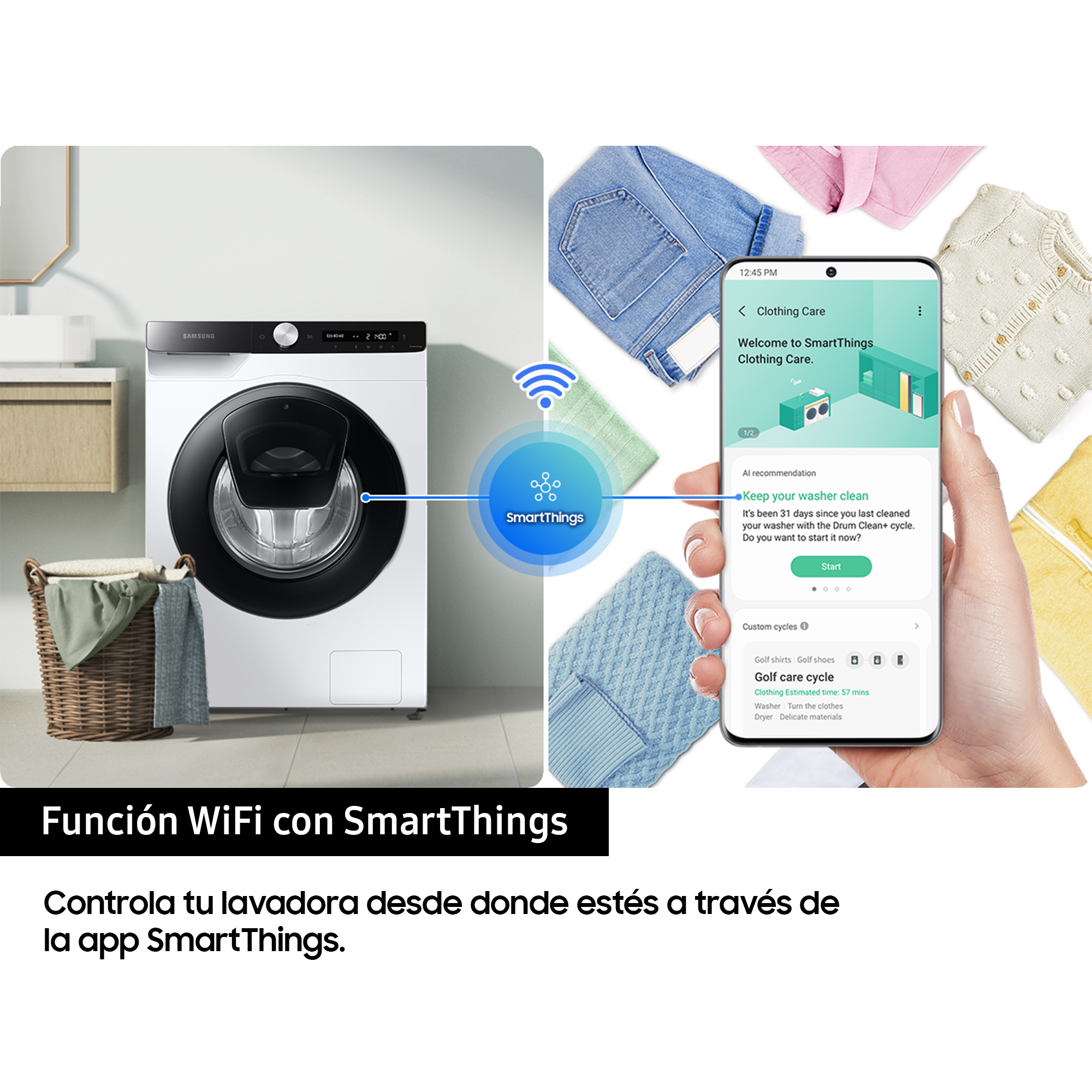 Una lavadora y un smartphone que muestra la app SmartThings para controlar la colada.