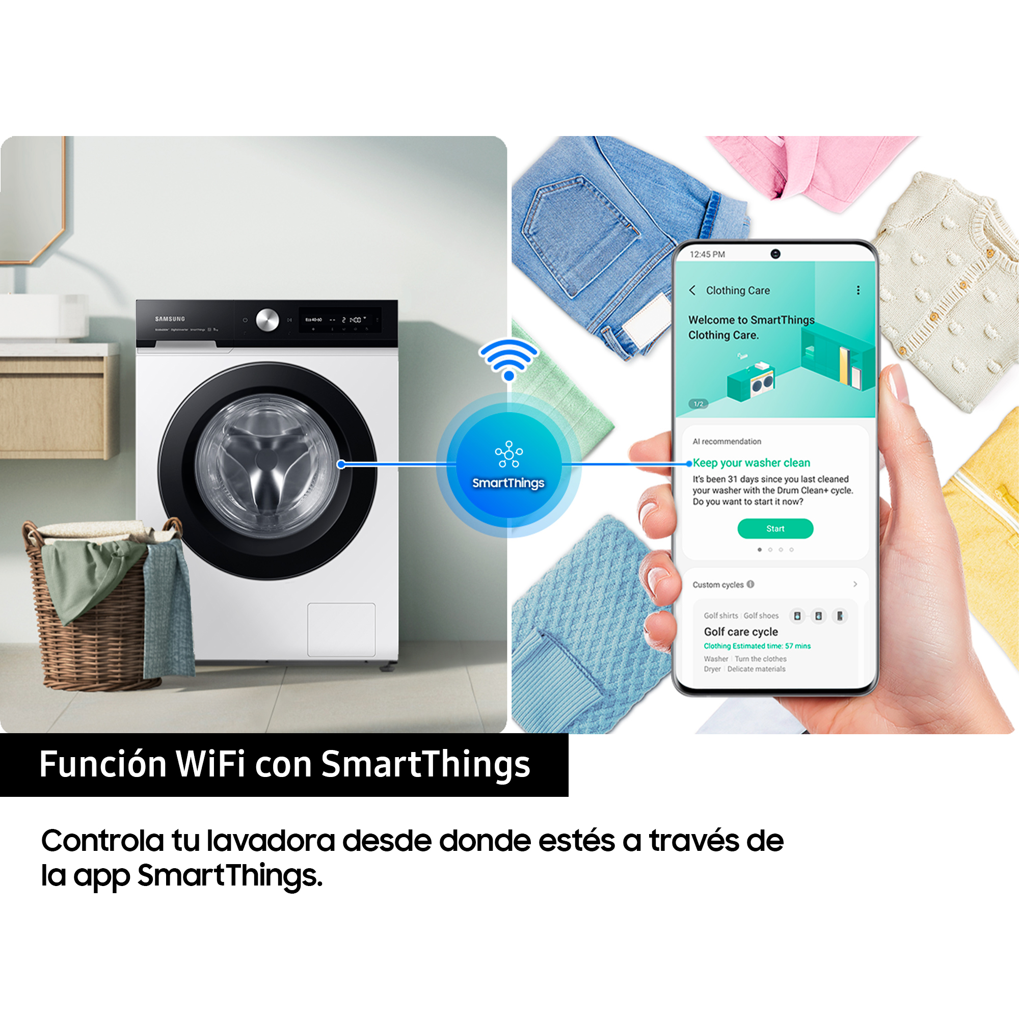 Una lavadora blanca con un teléfono inteligente que muestra una aplicación de lavandería y una cesta de ropa.