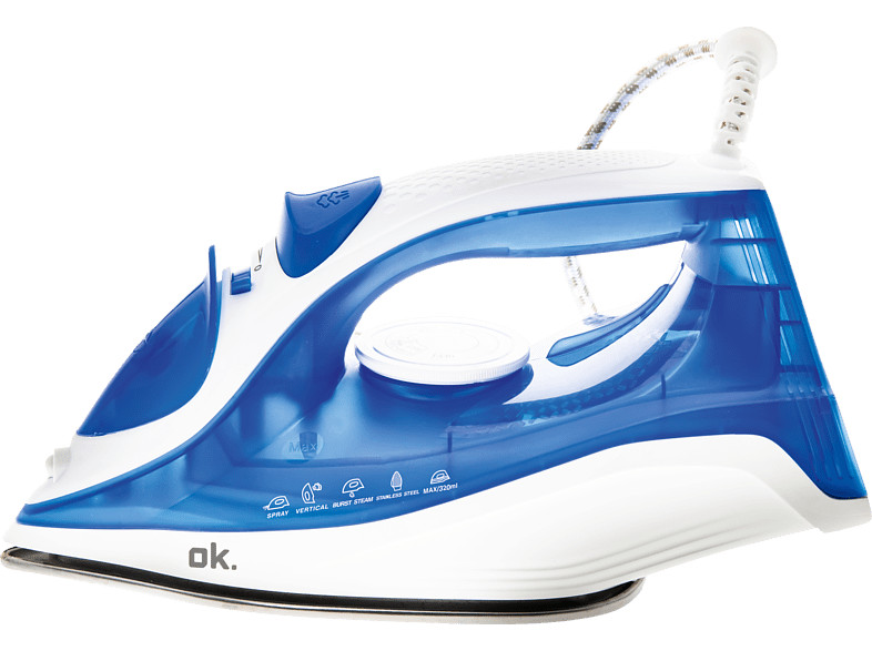 A blue and white iron, with a blue transparent water tank, isolated on white background.