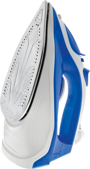 A white and blue iron on a white surface, viewed from a high angle. 