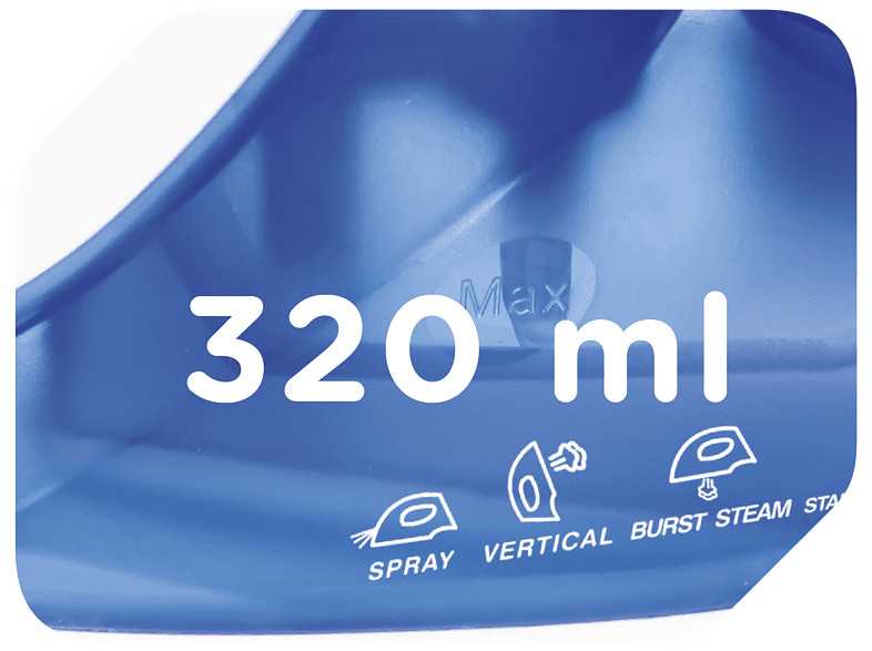 Close up of a blue container with 320 ml text and spray, steam icons.