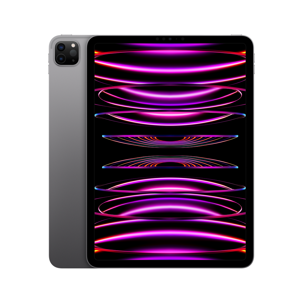 iPad Pro gris con pantalla grande y cámara, mostrando una pantalla colorida.