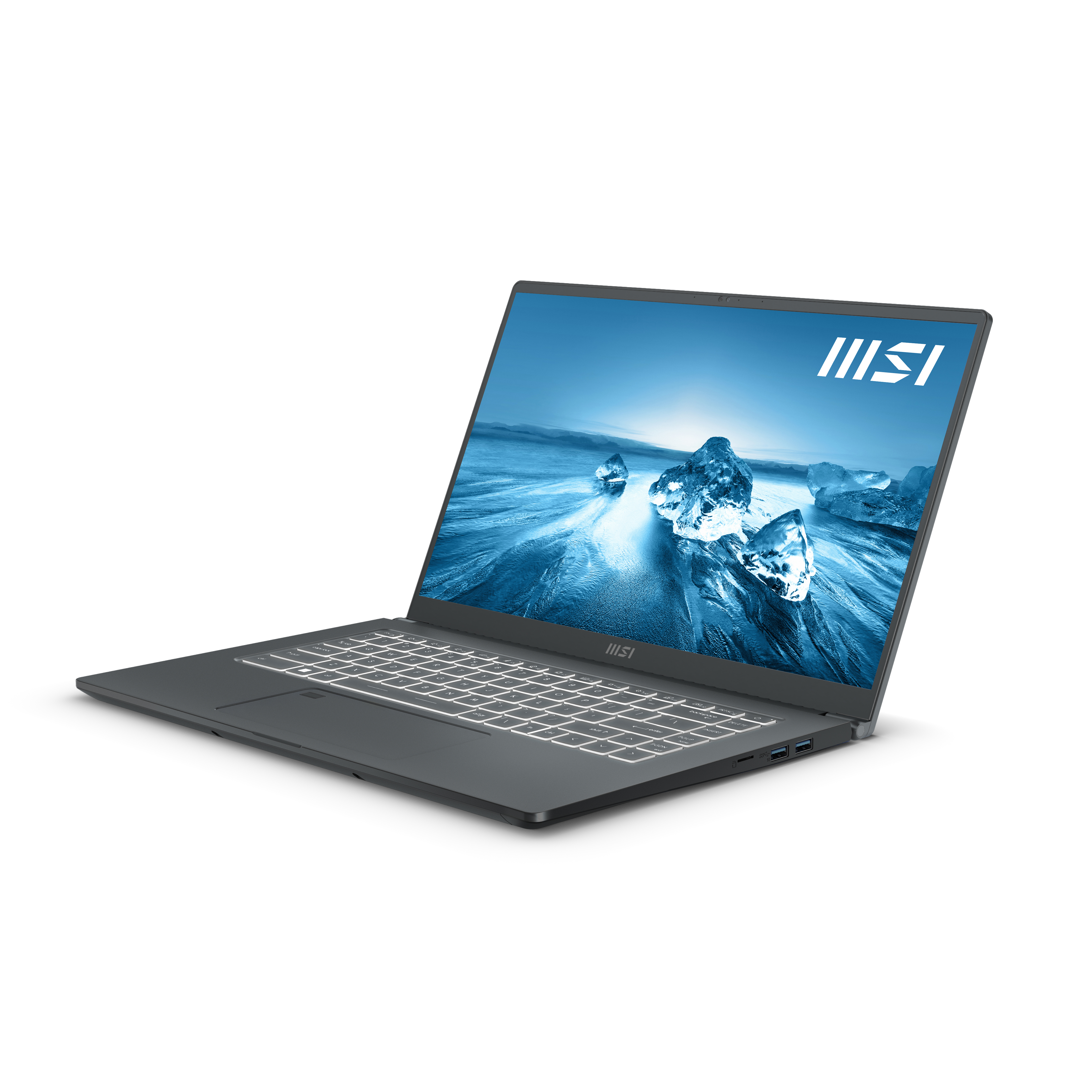 Portátil gris con teclado blanco, abierto sobre superficie blanca, pantalla muestra hielo azul.