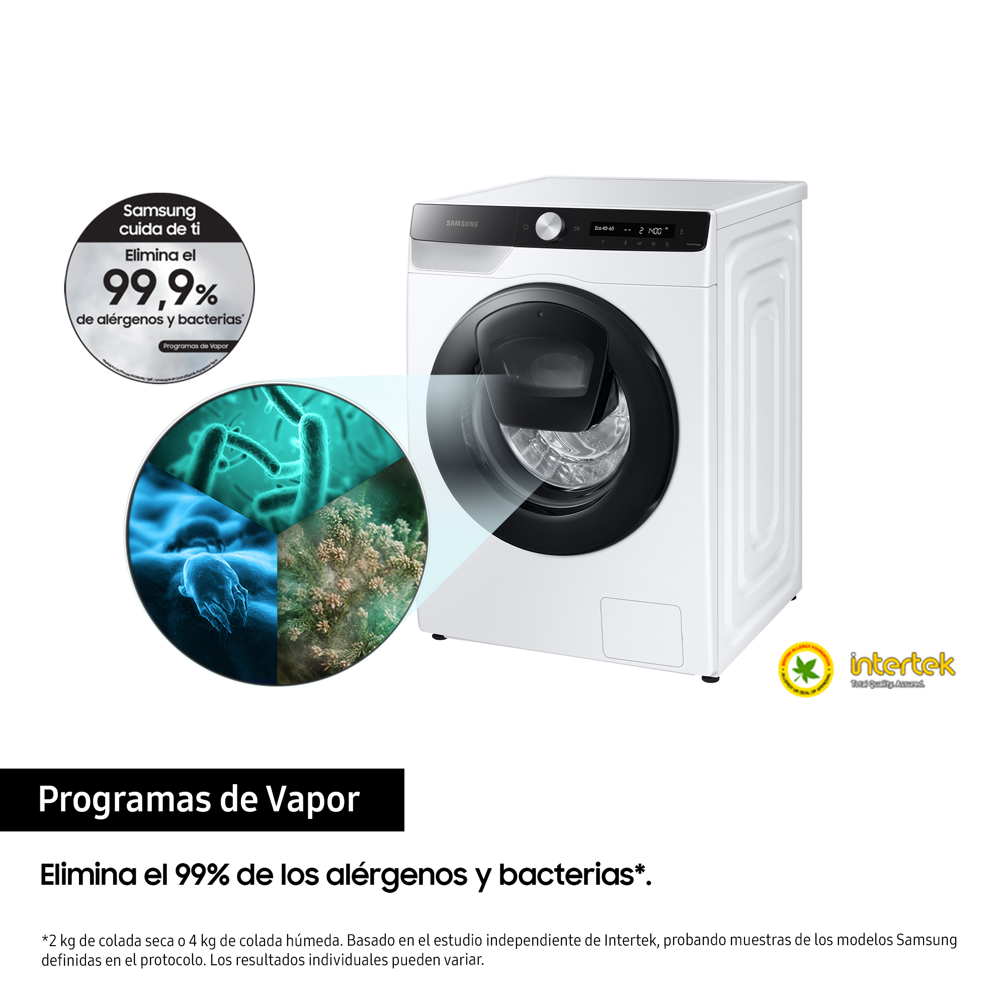 Lavadora blanca con la puerta cerrada e infografías a la izquierda sobre bacterias y alérgenos.