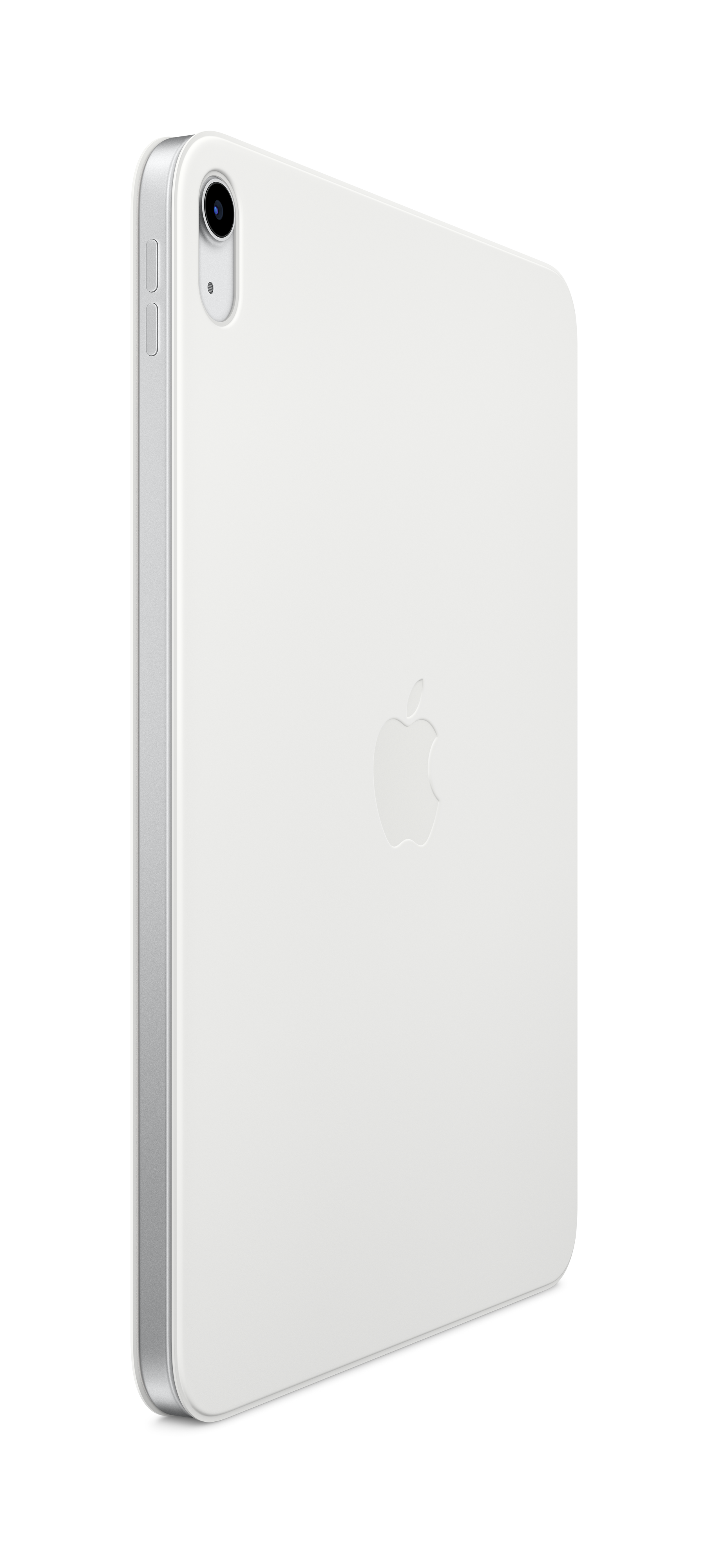 Une tablette blanche avec une caméra, le logo Apple et un cadre argenté.
