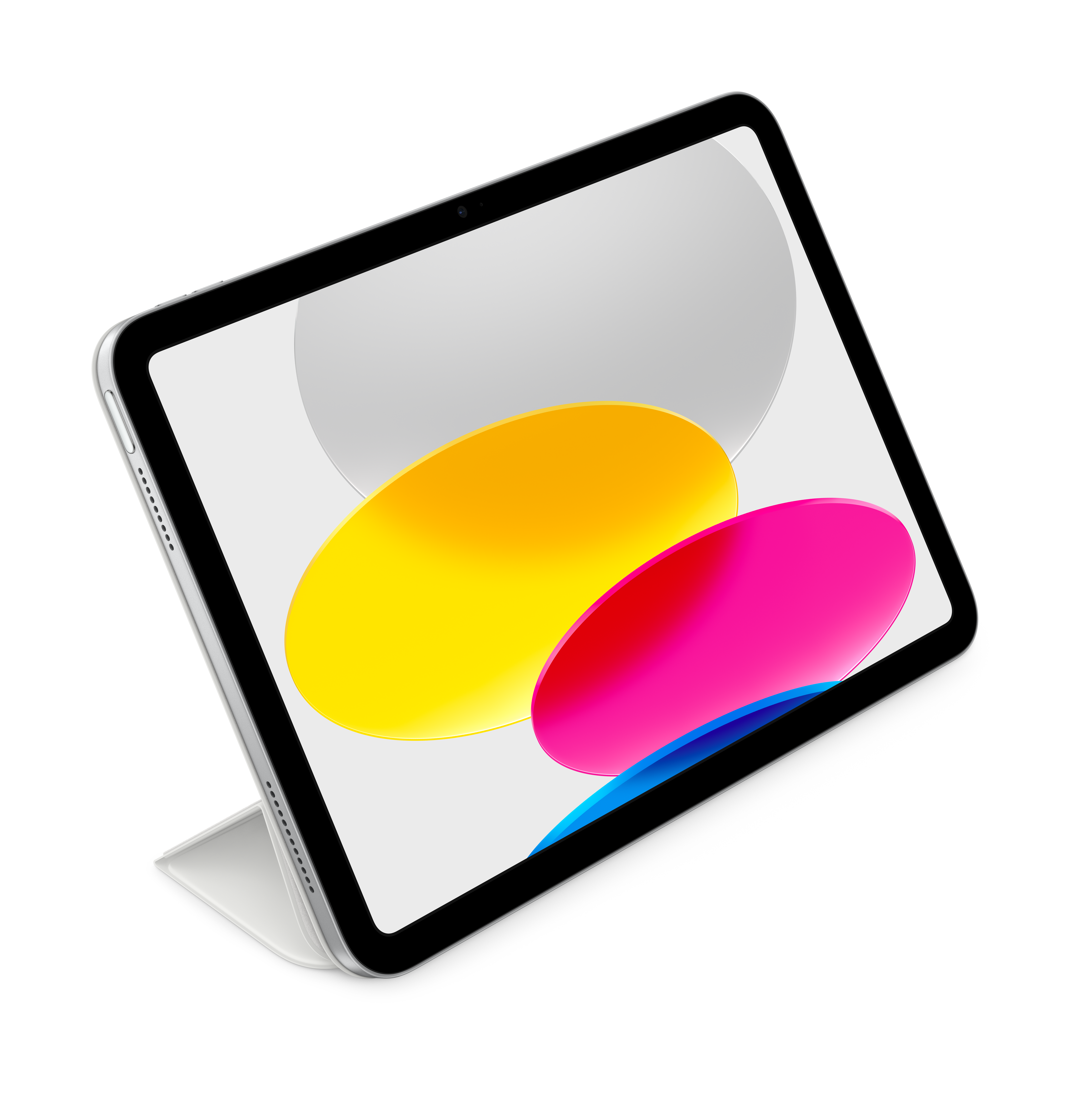iPad argenté avec fond abstrait coloré, incliné. Fond blanc.