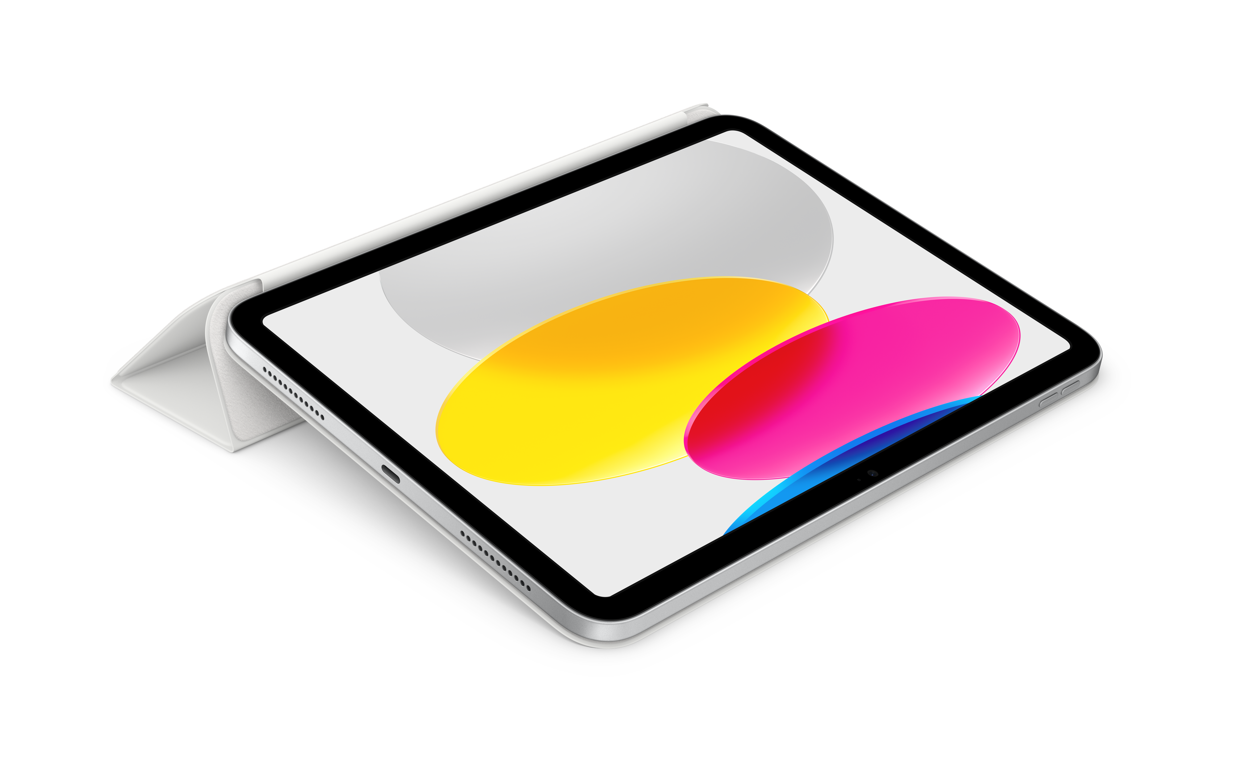 iPad avec écran sur fond blanc, montrant des formes abstraites colorées.