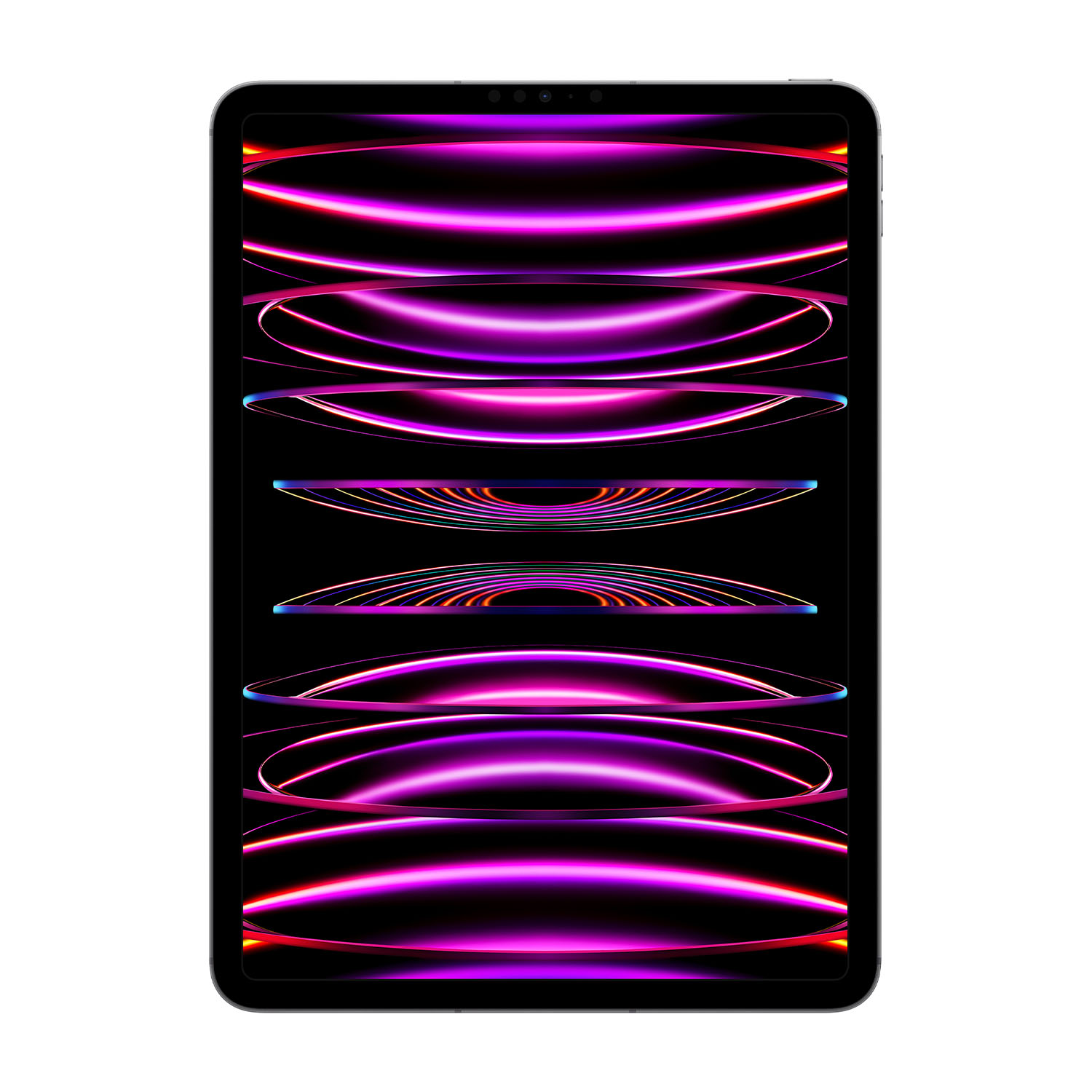 Un iPad Pro che mostra una grafica colorata. Lo schermo è illuminato con colori viola e rosa.