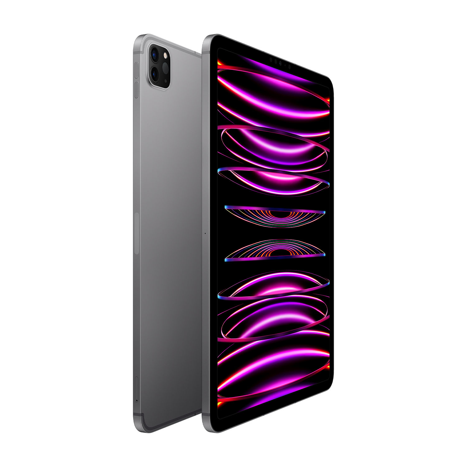 iPad Pro, retro grigio, schermo nero che mostra un display colorato. Un altro iPad Pro è adiacente.
