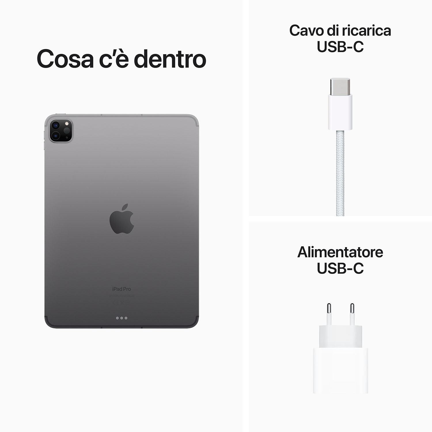 iPad Pro con caricatore e cavo, con testo in italiano.