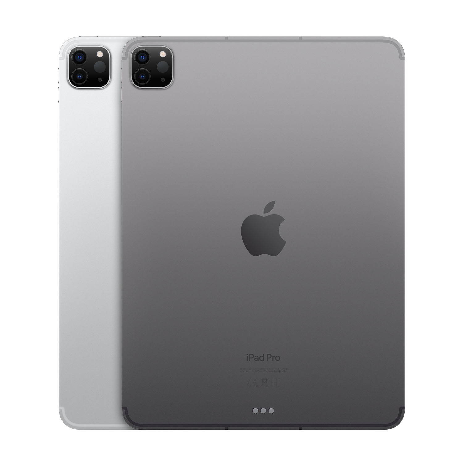 Due iPad, uno argento, uno grigio, vista posteriore con logo Apple, con fotocamere.