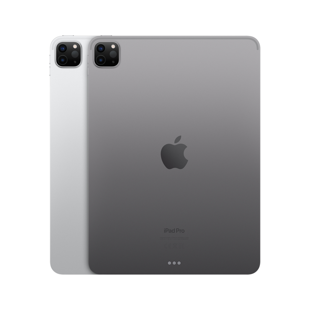 Se muestran dos iPads. La parte trasera de uno es plateada, mientras que el otro es gris, cada uno con el logo de Apple.
