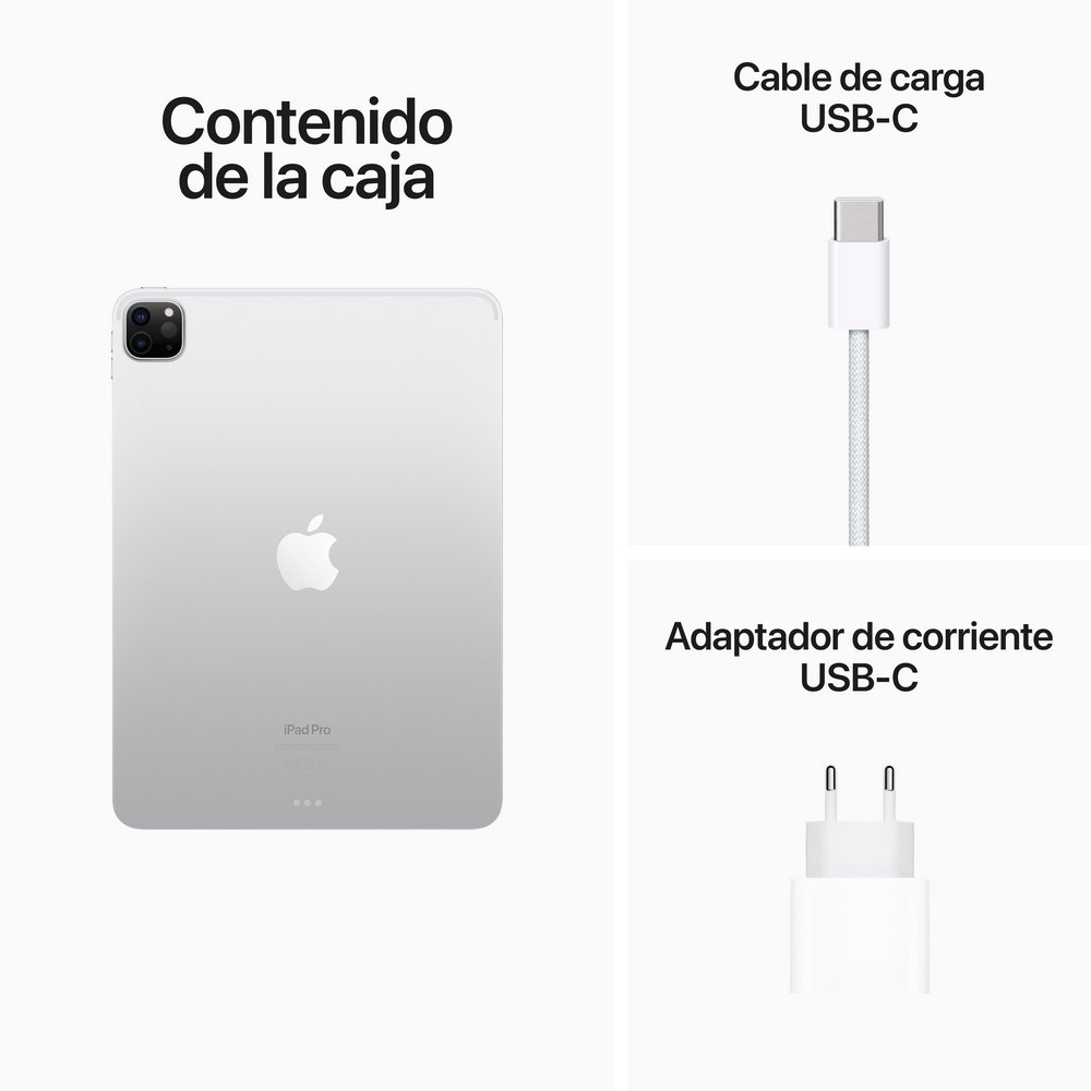 iPad Pro con cargador y cable, con texto en español.