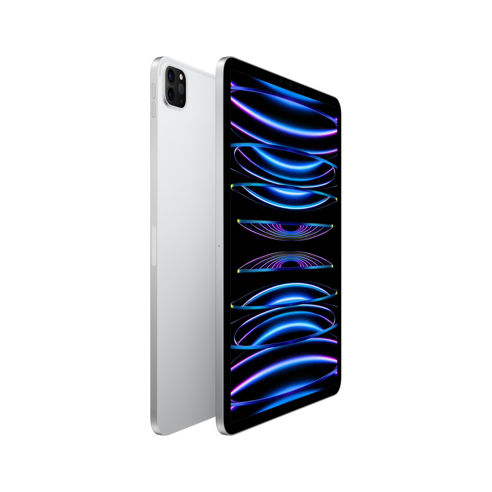iPad Pro blanco, inclinado, con líneas de neón en la pantalla. Bulto de cámara negro detrás.