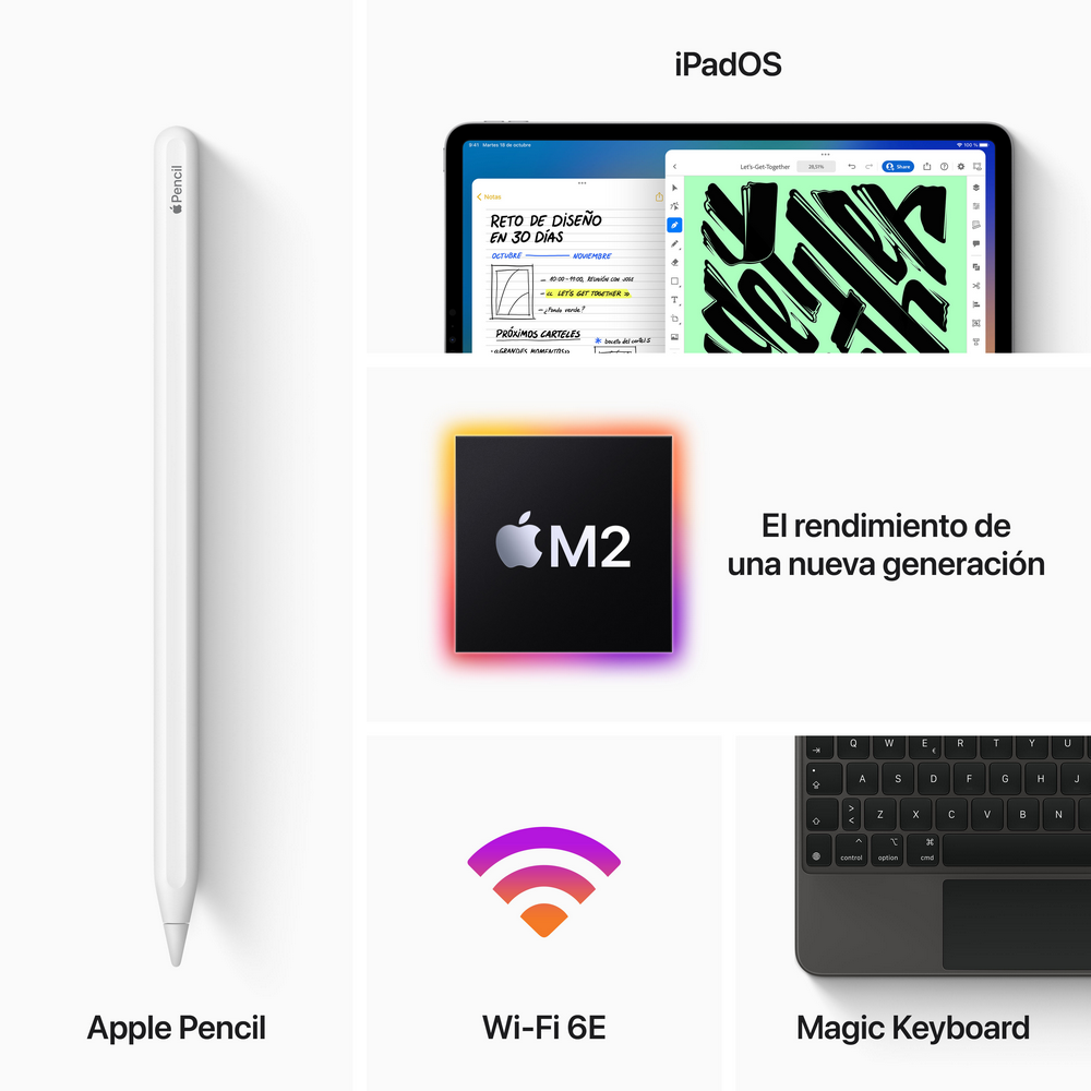 Apple Pencil, pantalla iPadOS, chip M2, Wi-Fi 6E y Magic Keyboard.