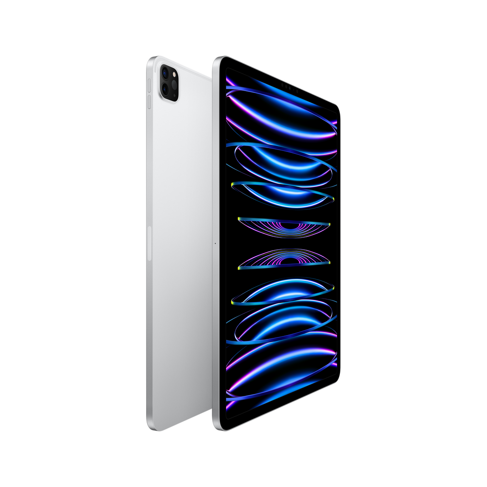 iPad Pro plateado, vista lateral, mostrando la pantalla con líneas coloridas y la parte trasera.