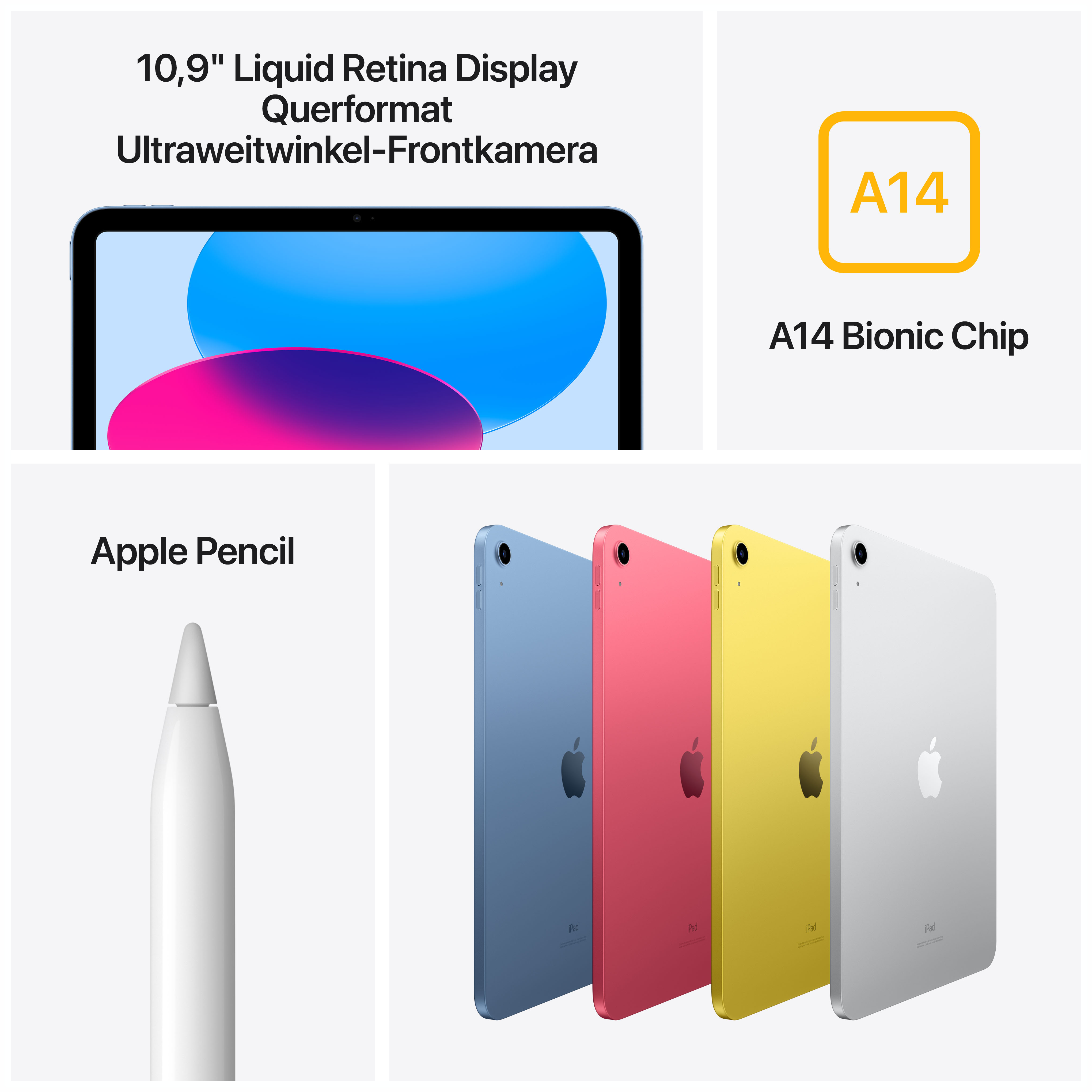 Bild eines iPads mit A14-Chip, Apple Pencil und mehrere farbige iPads.