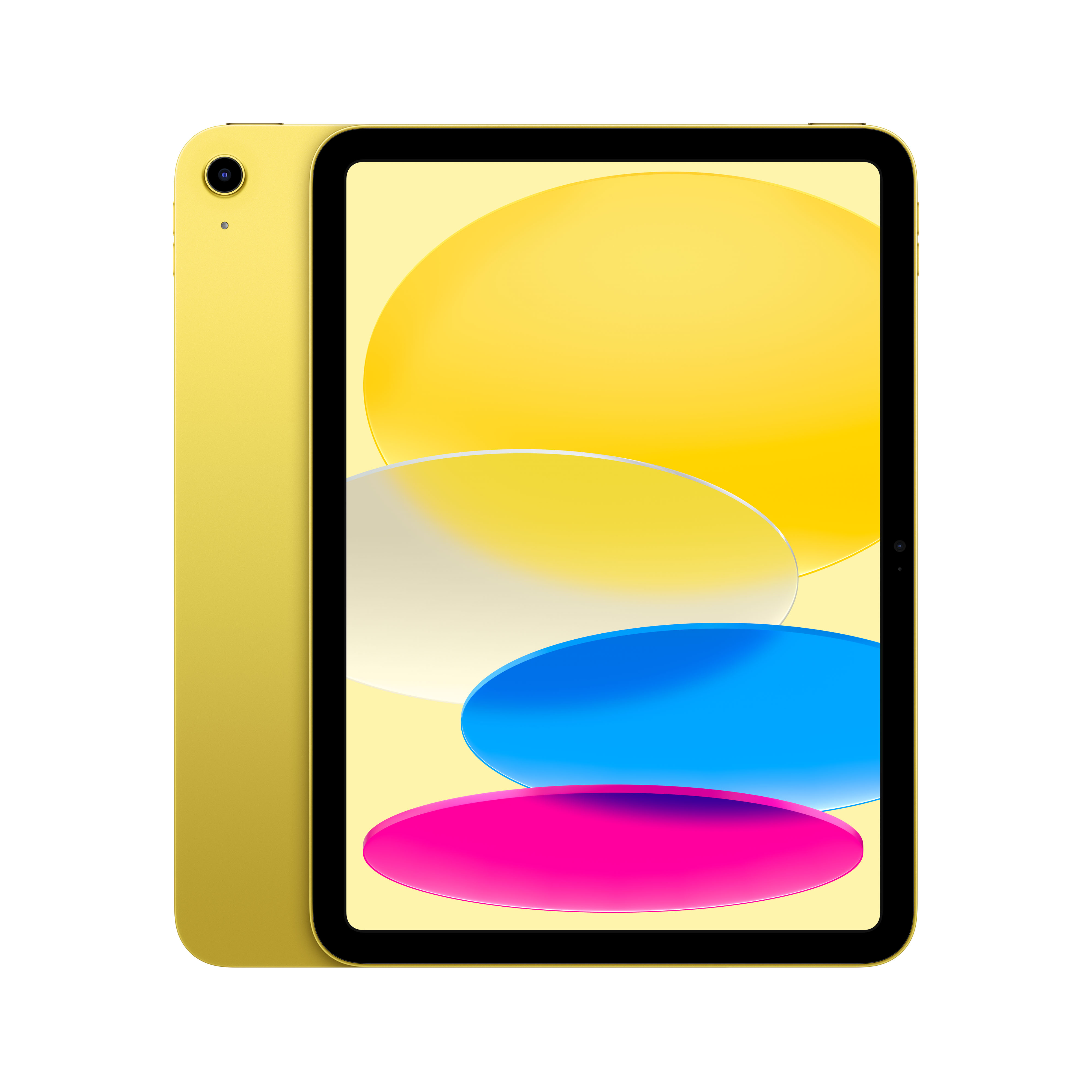 Ein gelbes iPad mit farbenfrohem Bildschirm und Kamera auf der Rückseite, isoliert auf weißem Grund.