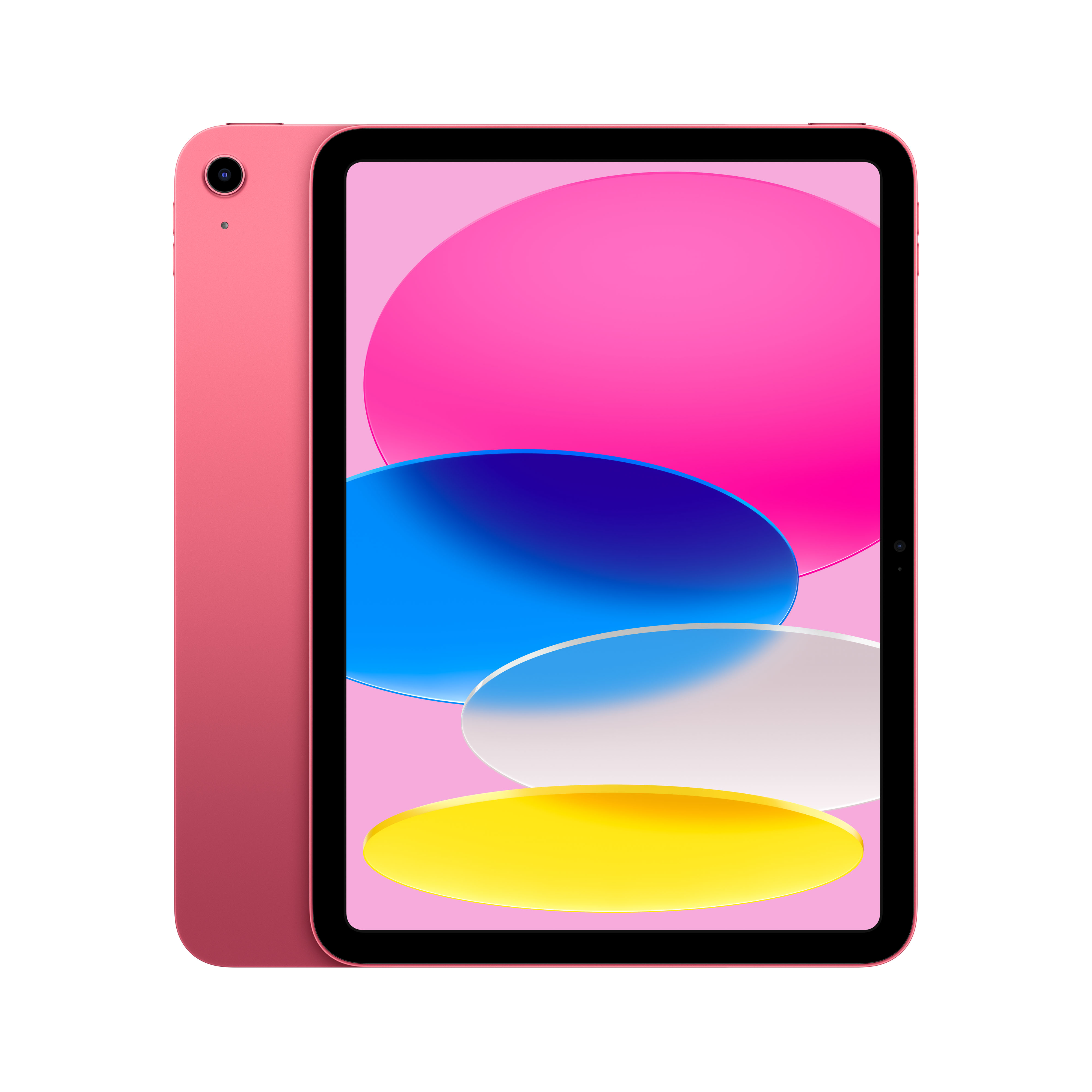 Pinkfarbenes iPad. Der Bildschirm zeigt ein farbenfrohes abstraktes Design. Weißer Hintergrund.
