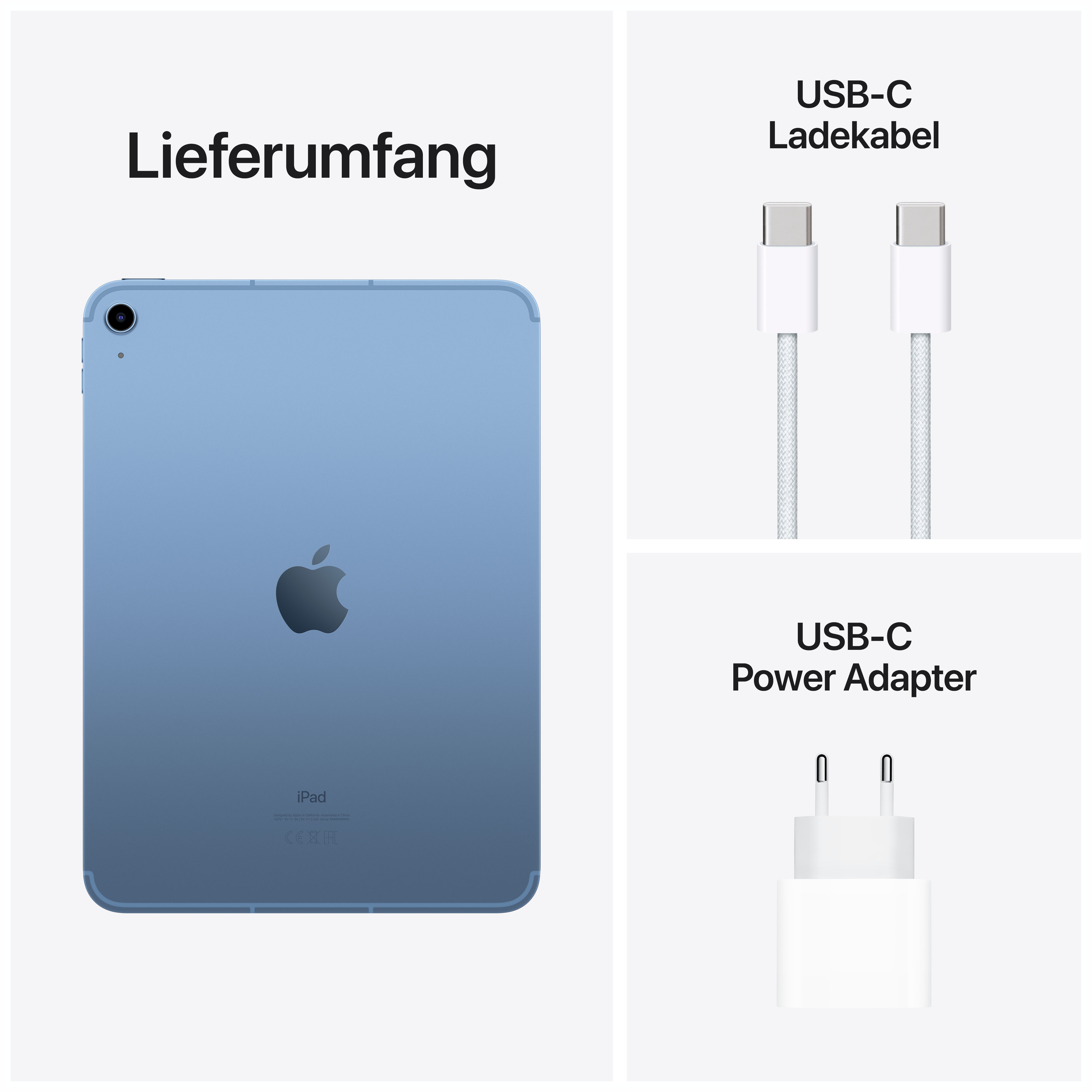 Blaues iPad, USB-C-Kabel und Ladegerät, mit Text, der den Inhalt anzeigt.