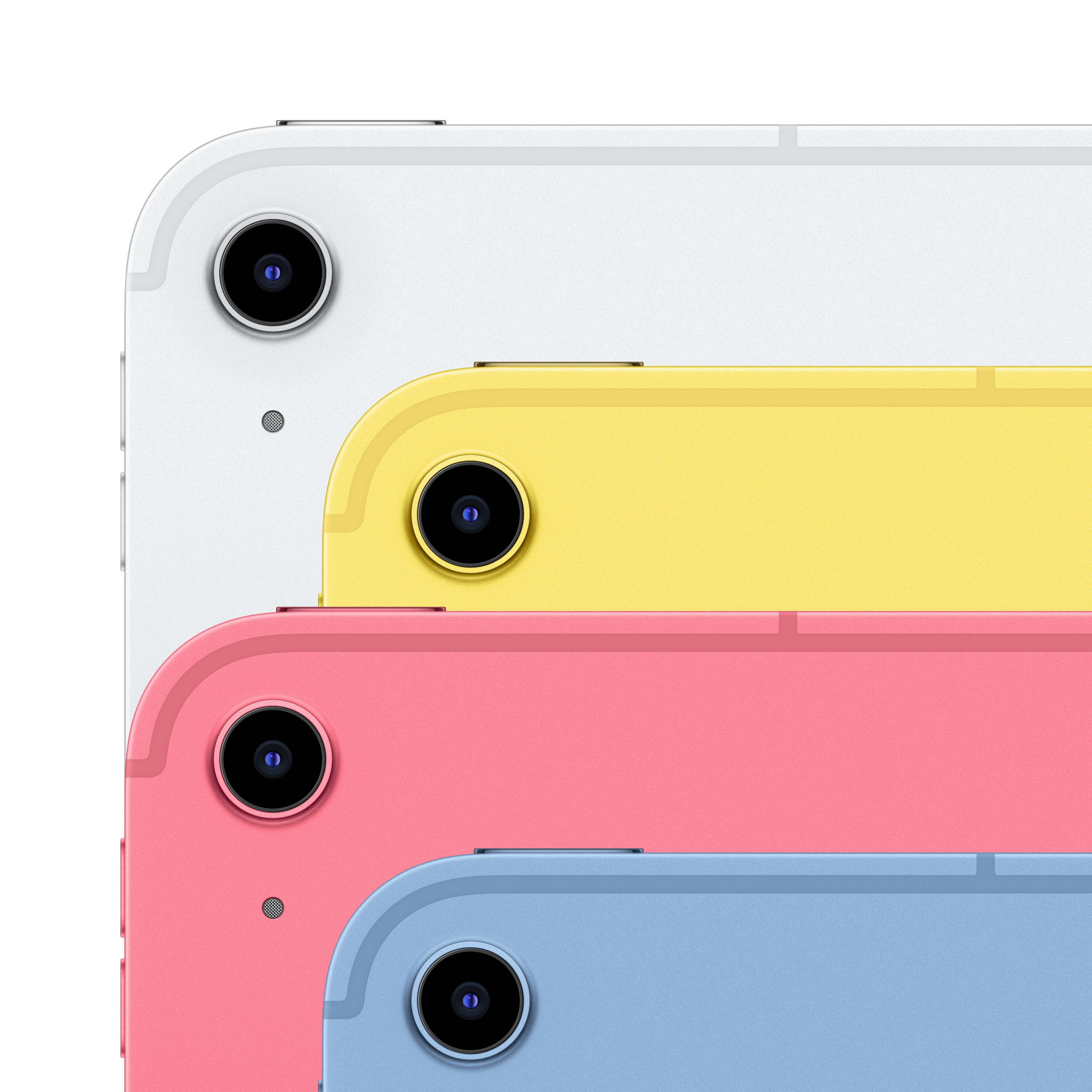 Nahaufnahme von iPad-Kameras in Pink, Gelb, Weiß und Blau. Die Kameras befinden sich in der oberen Ecke.
