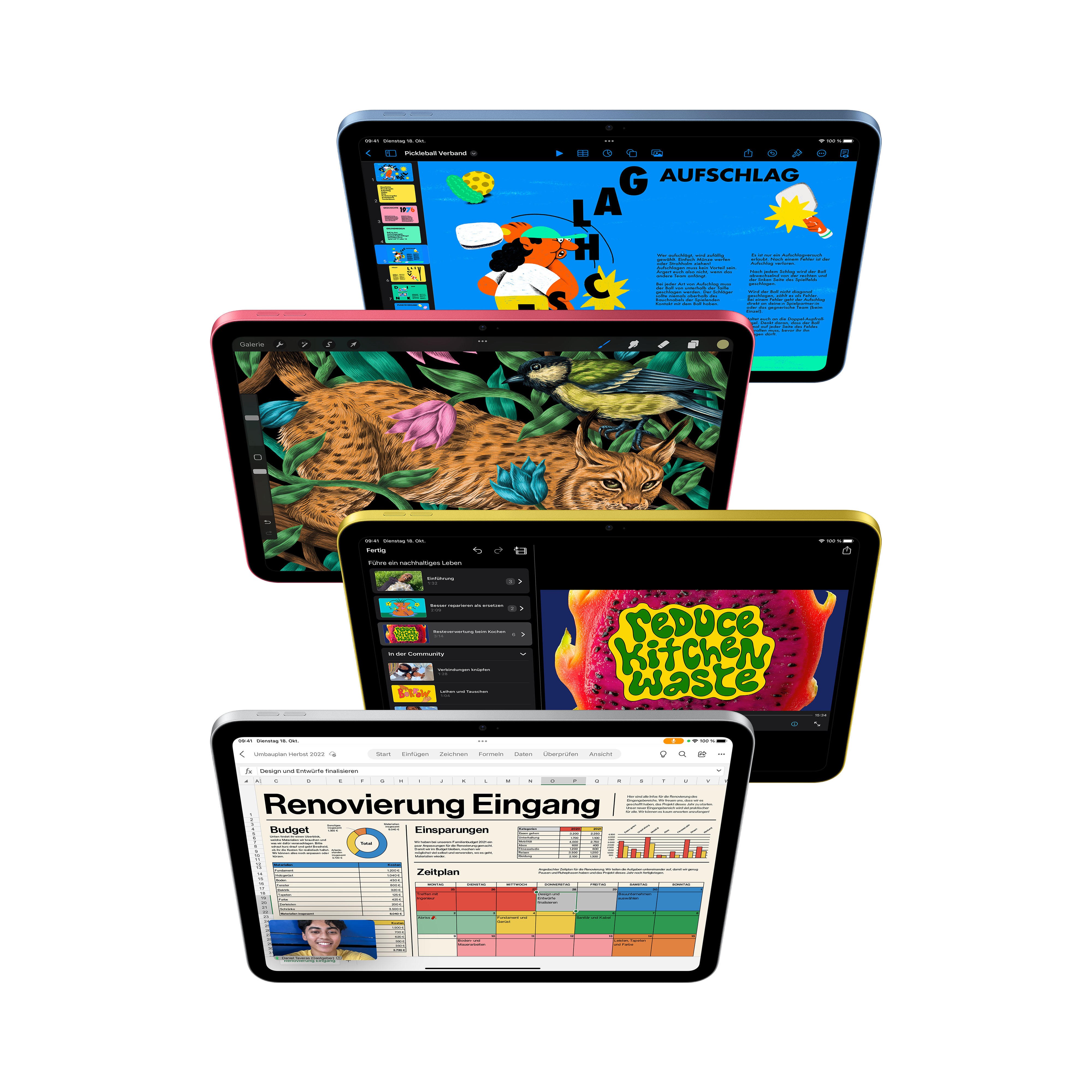 Vier iPads in verschiedenen Farben, die verschiedene App-Oberflächen anzeigen, gestapelt.