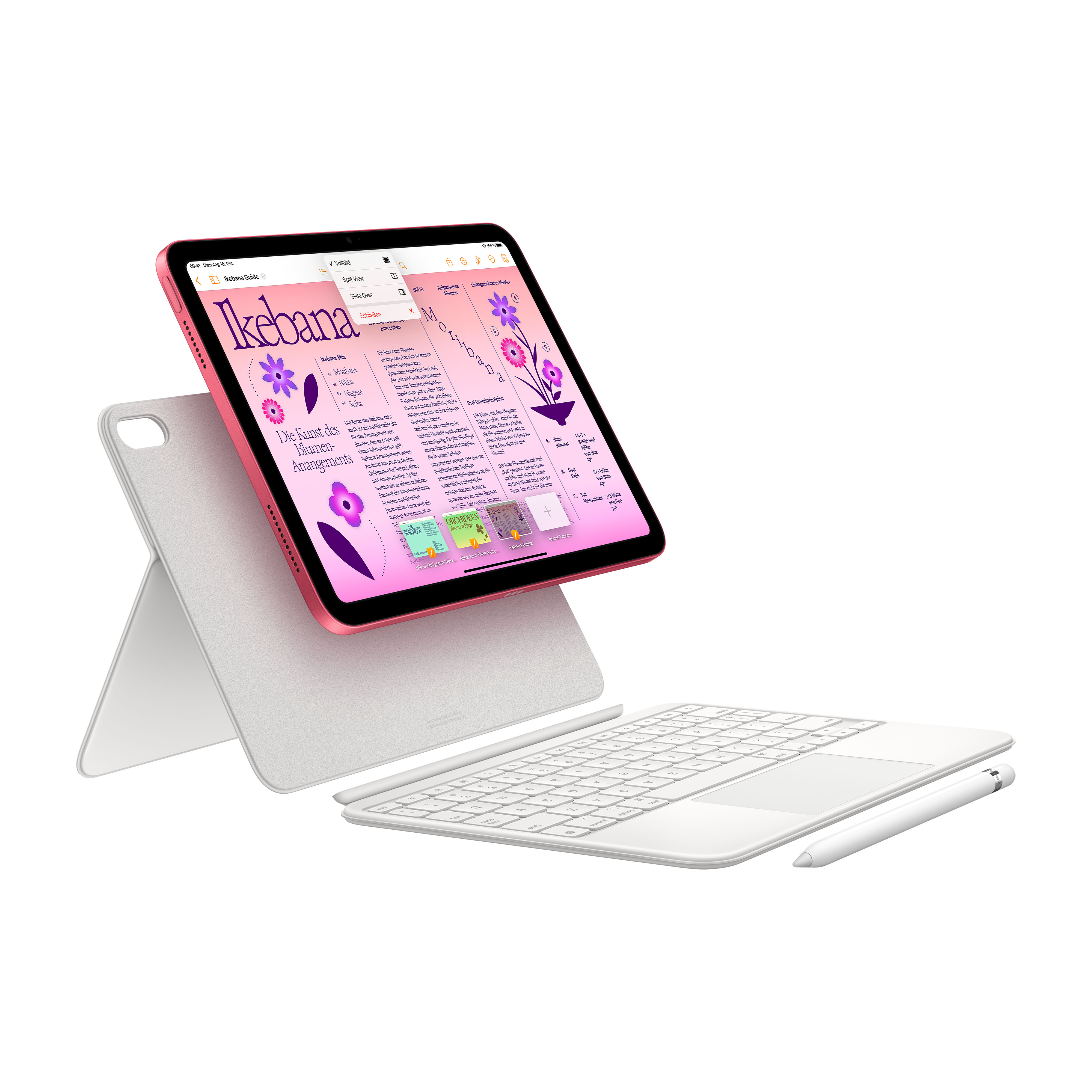 Rosa iPad mit Tastatur und Stift. Bildschirm zeigt ein Dokument. Weißer Hintergrund.