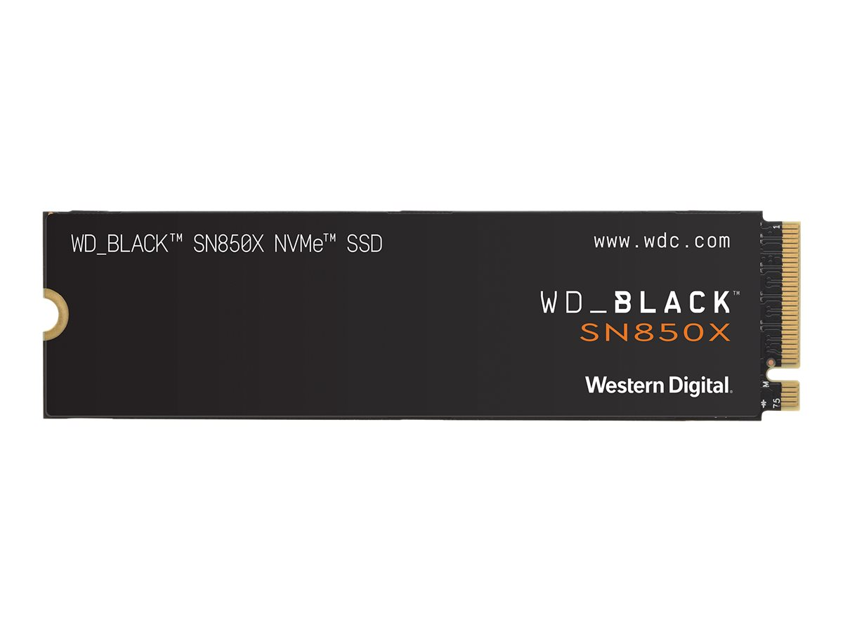 Schwarze WD_BLACK SN850X NVMe SSD mit Goldanschluss, weißer Hintergrund. Text enthält www.wdc.com und Western Digital.