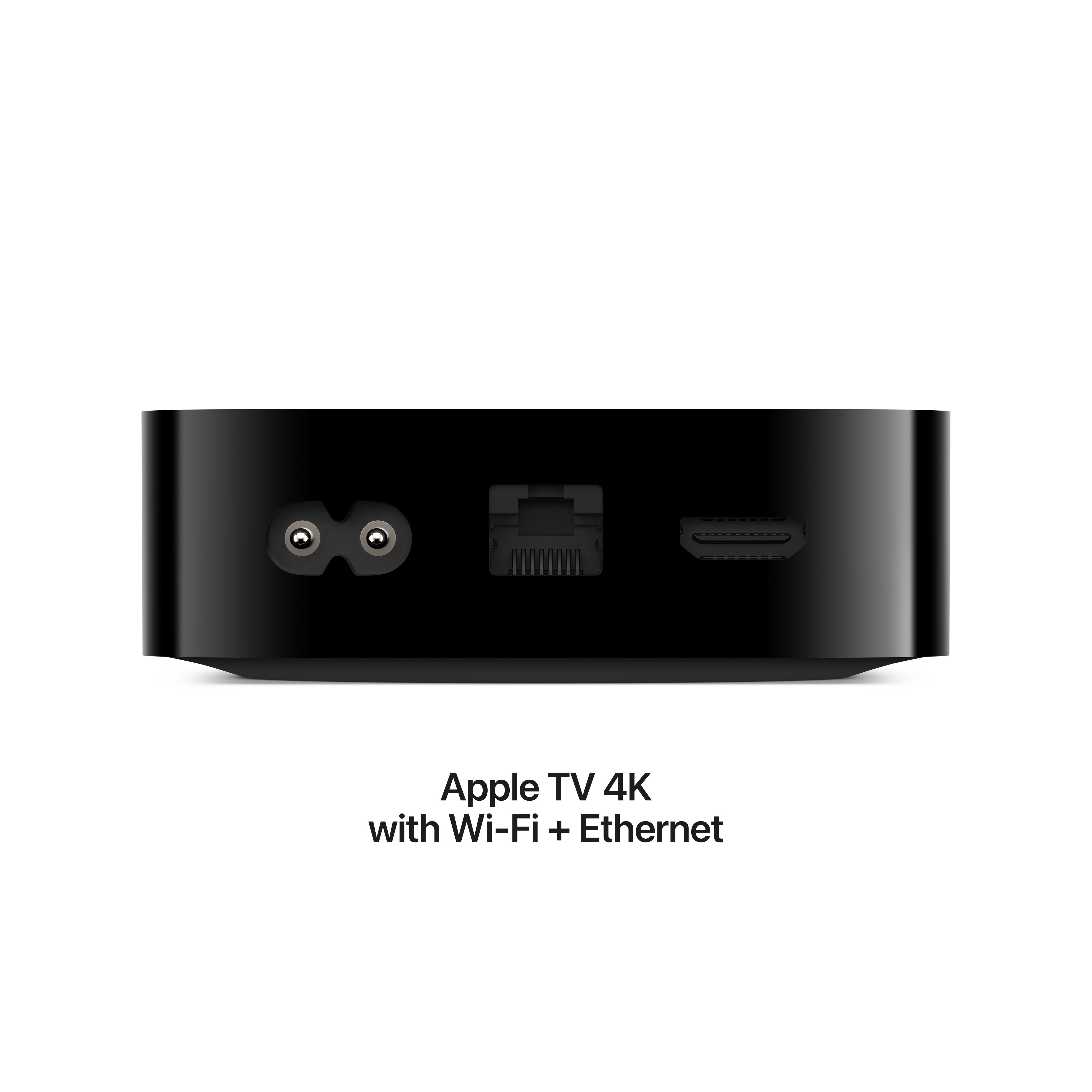 Apple TV 4K noir avec ports. Texte : Apple TV 4K avec Wi-Fi + Ethernet.