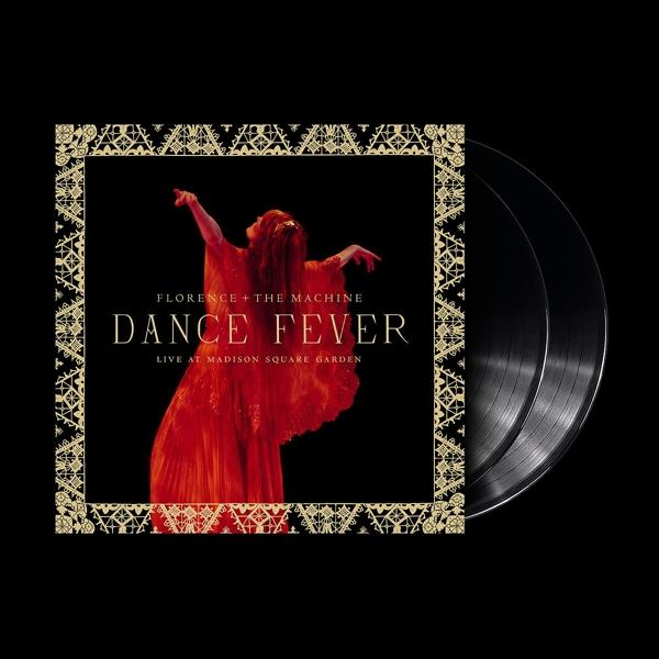 Albumhoes: Florence + The Machine, 'Dance Fever' met een vrouw in rode jurk. Vinylplaten zichtbaar op zwart.