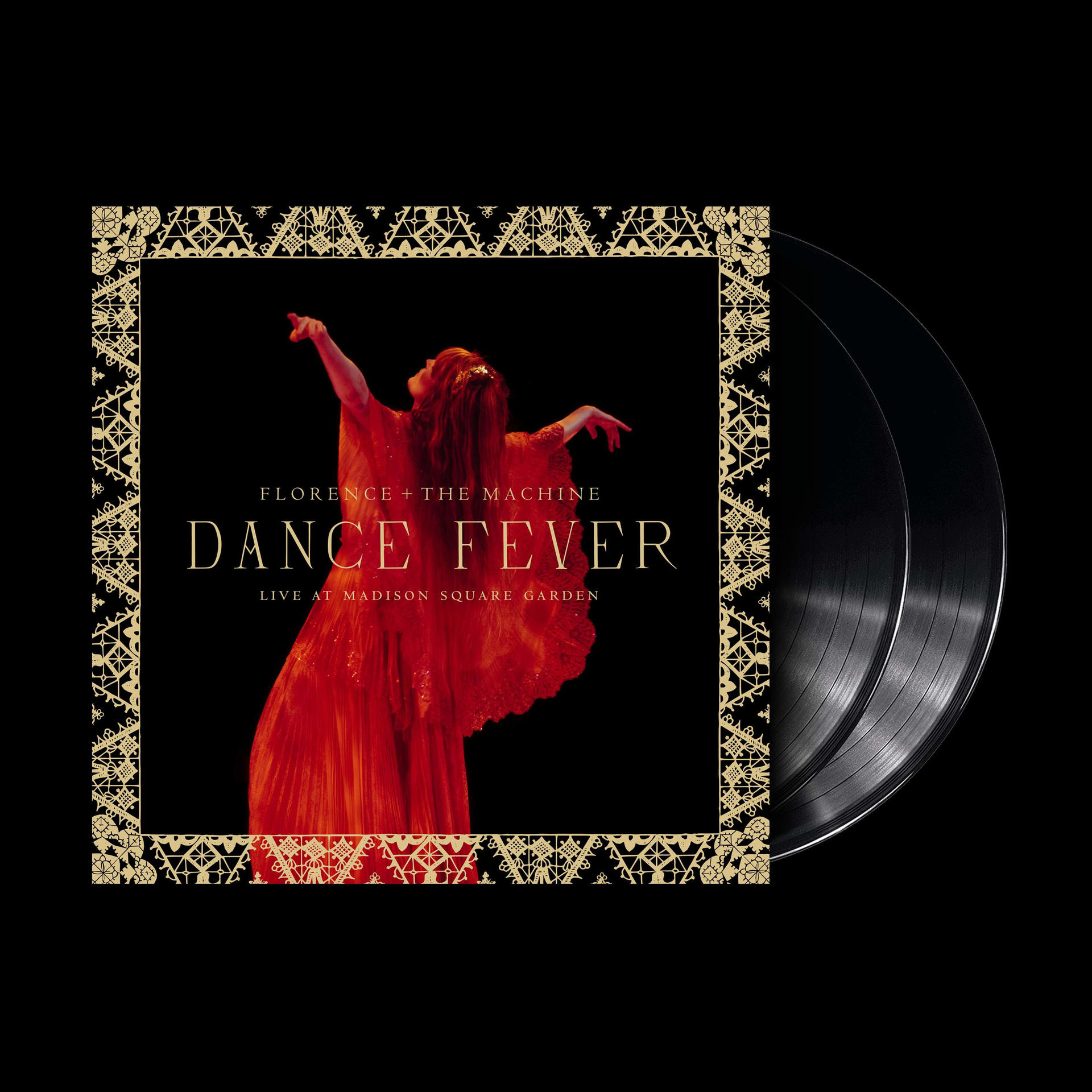 Vinyl albumhoes met foto van een vrouw in rode jurk. Het album is Dance Fever.