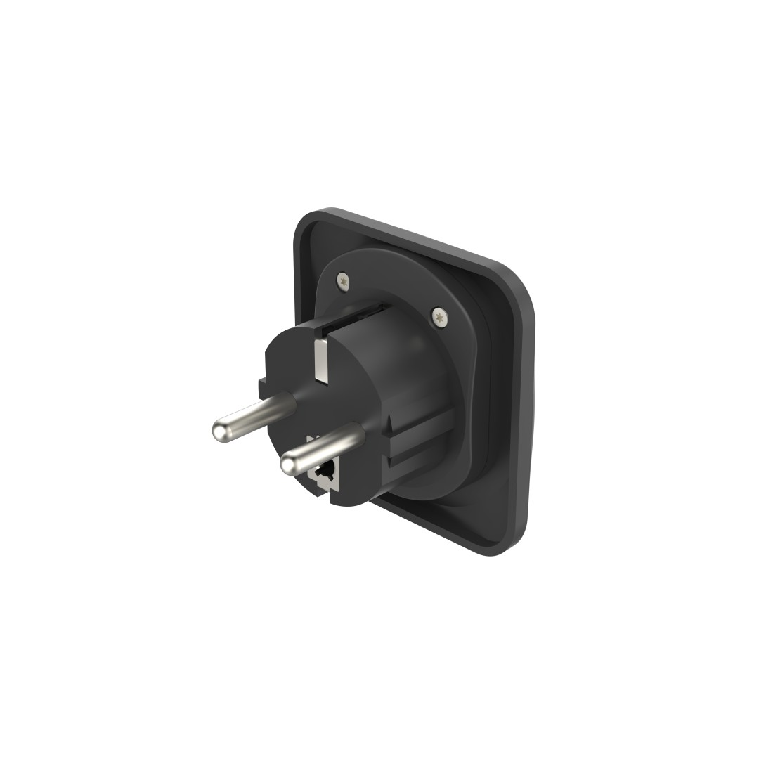 Schwarzer Netzstecker mit drei Stiften, montiert auf einer schwarzen quadratischen Basis.