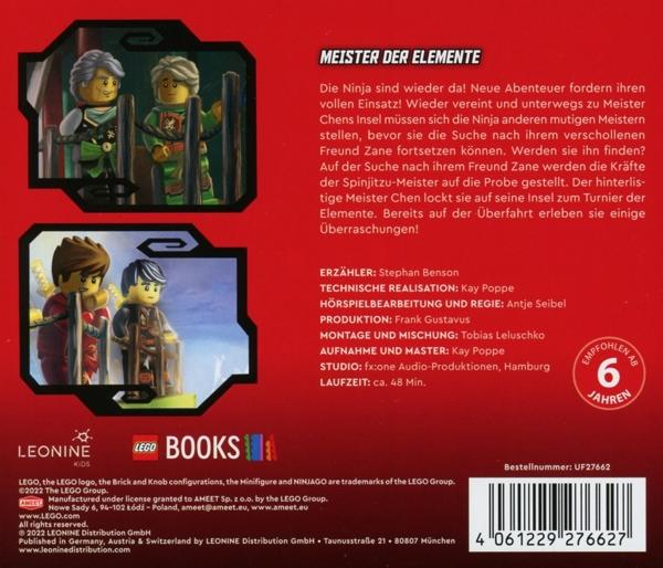 Rückseite eines Lego-Buches mit Lego-Figuren und Text auf Deutsch.