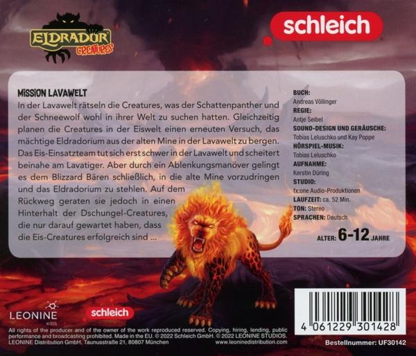 Rückseite einer Spielzeugkiste. Es hat Text über einen Löwen mit einer Feuermähne. Es enthält auch die Marke Schleich.