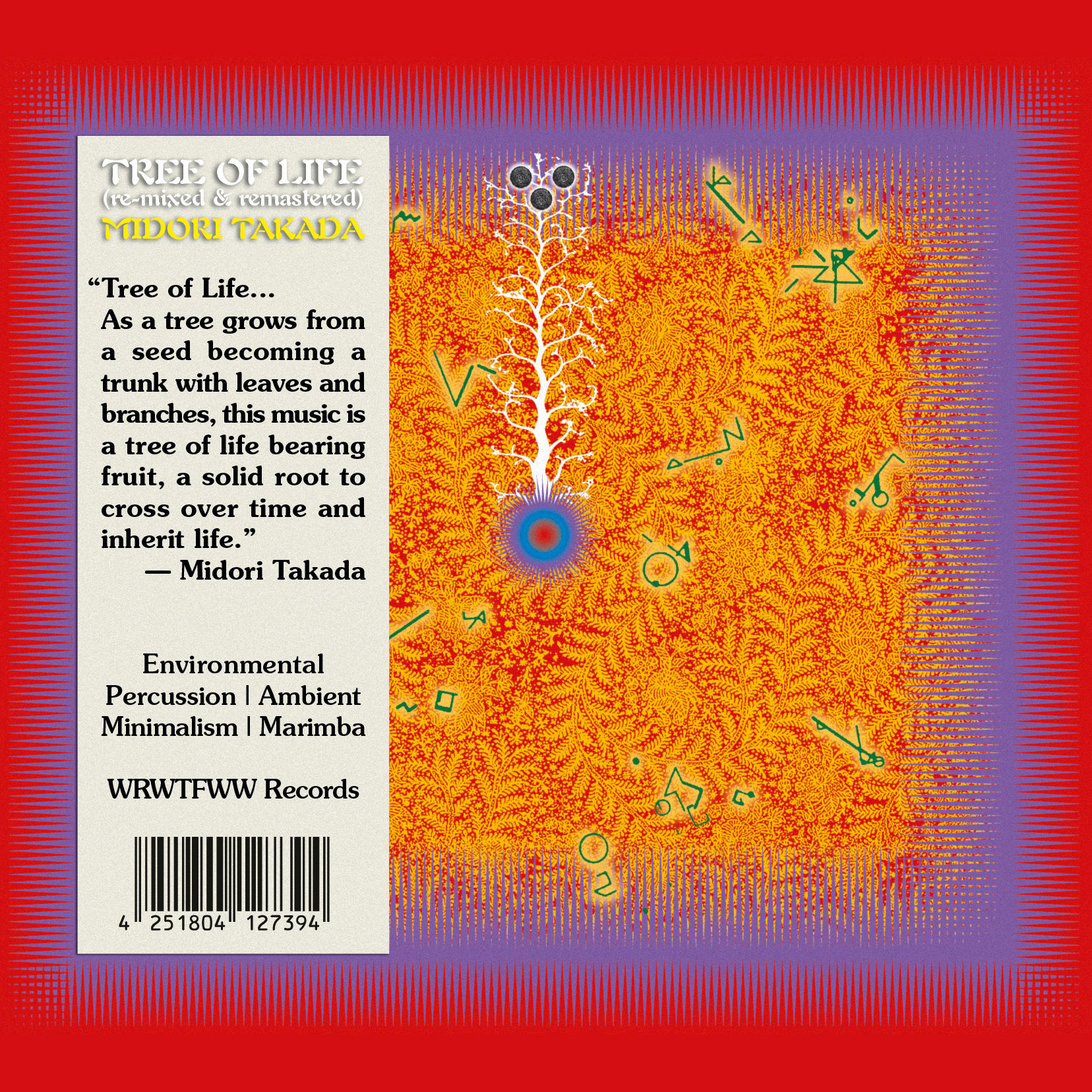 Albumcover mit einem weißen Baumdesign vor orangefarbenem Hintergrund mit Text.