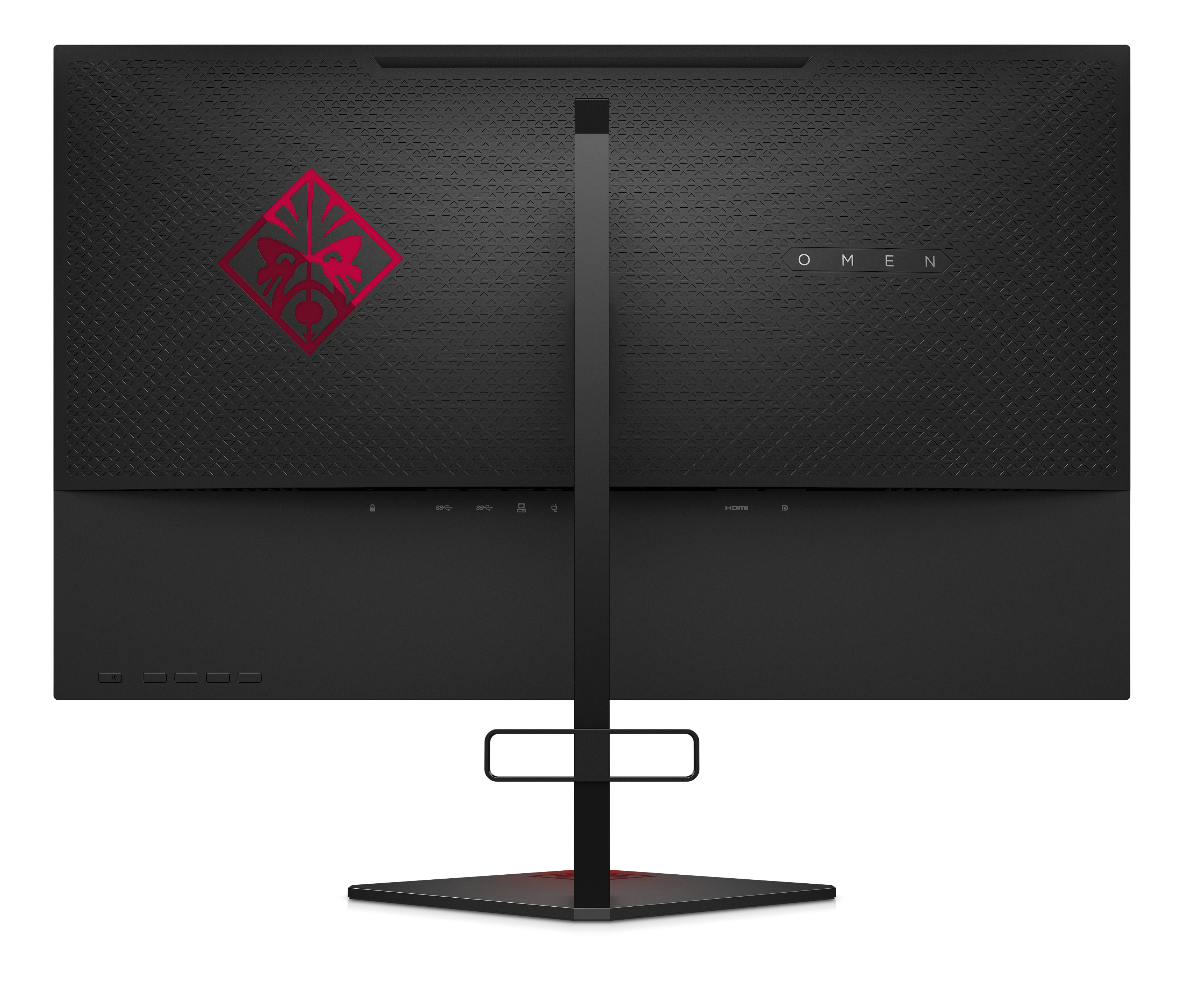 OMEN logosu ile siyah bir OMEN monitörünün arkası.