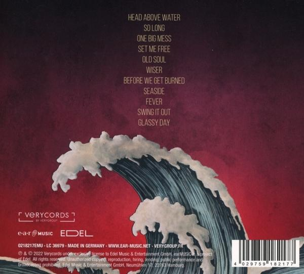 Ein CD-Cover mit Songtiteln und einer Wellenillustration auf rotem Hintergrund.
