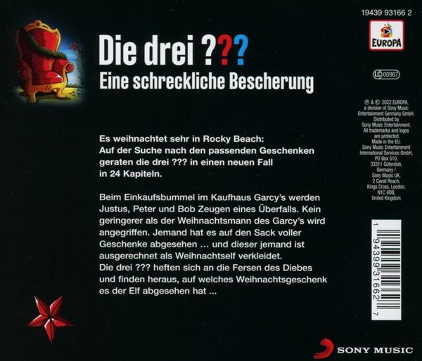 Buchcover in dunklen Tönen. Titel ist in Rot und Blau. Text erklärt einen Fall in Rocky Beach zu Weihnachten.