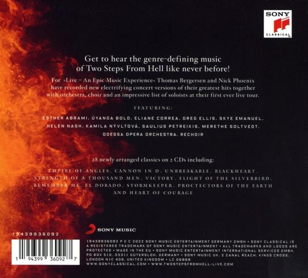 Rückseite einer CD-Hülle mit Text über Two Steps From Hell Musik.