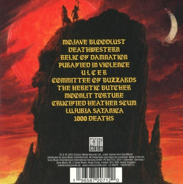 Albumcover mit Text. Zwei Schattenfiguren auf einem Berggipfel. Dunkle Farben mit roten Akzenten und einem Mond.