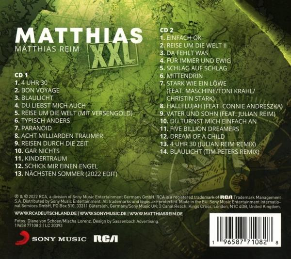 CD-Cover-Rückseite, Matthias Reim XXL, mit Titelliste, Weltkarten-Hintergrund.