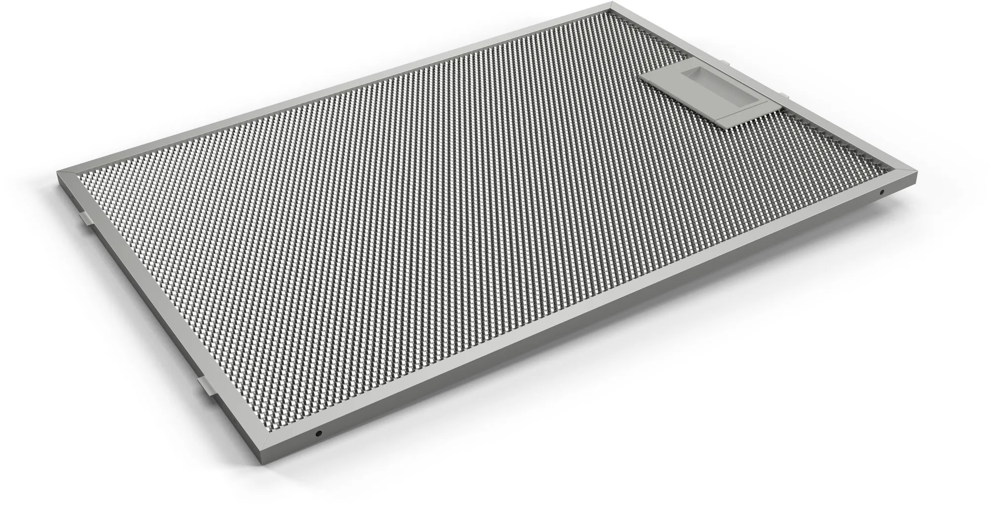 Metalen keukenfilter, mesh design, met een klein rechthoekig gebied, witte achtergrond.