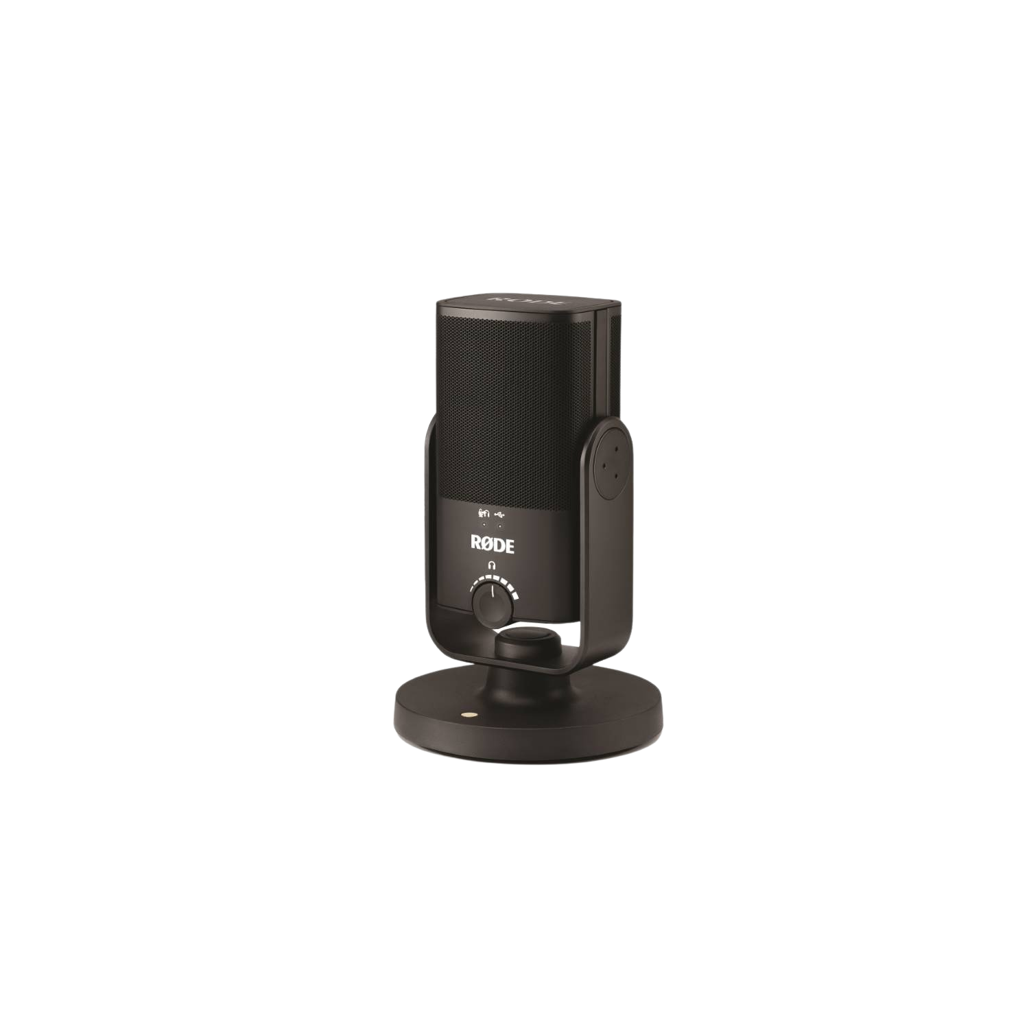 A black Rode microphone with a round base and volume knob sits on a black background.