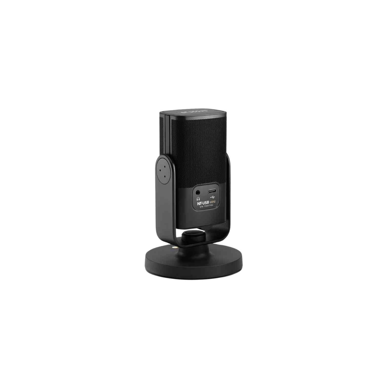 A black microphone on a stand sits on a black base, showing ports.